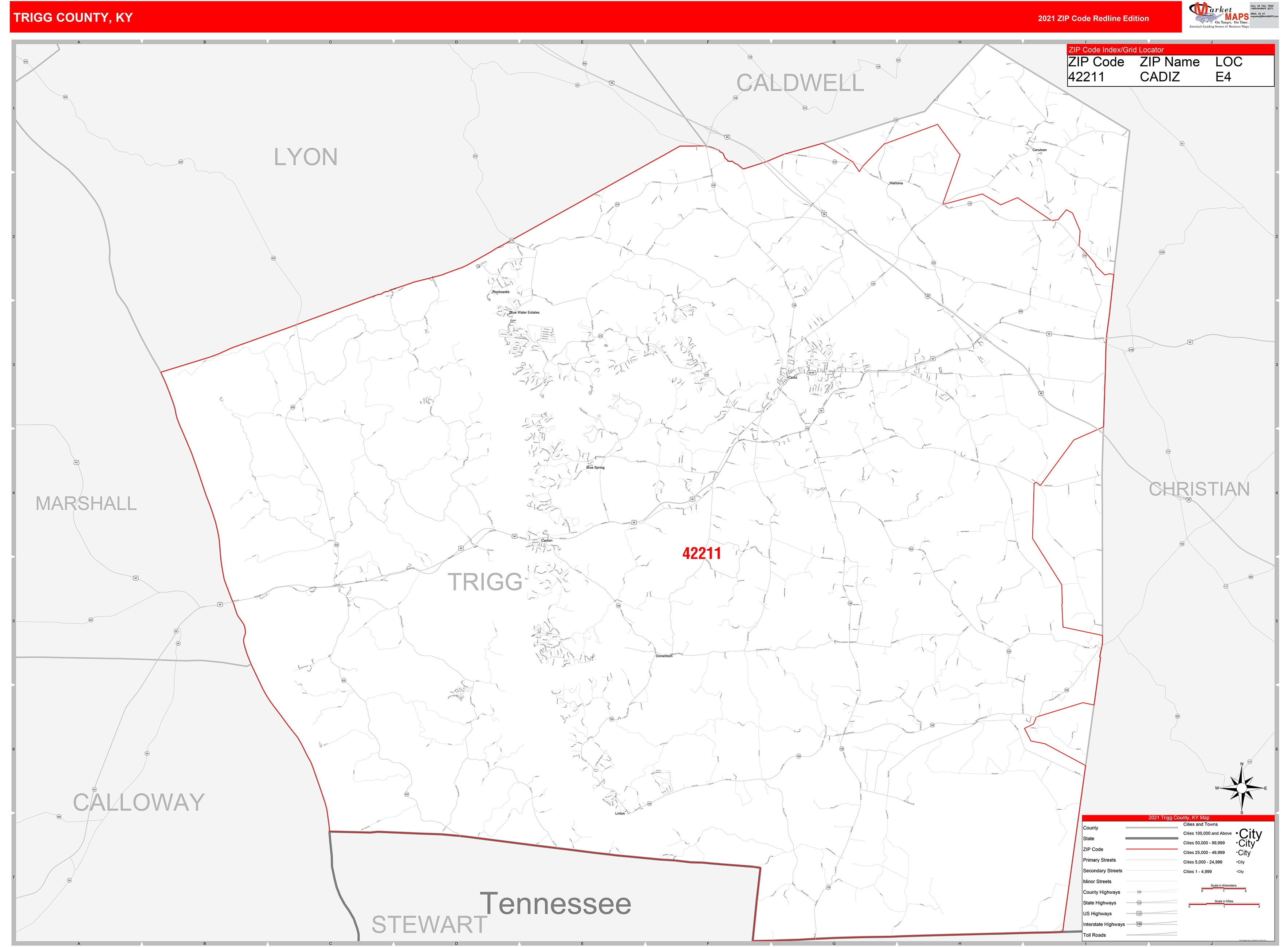 Trigg County, KY Zip Code Wall Map Red Line Style by MarketMAPS