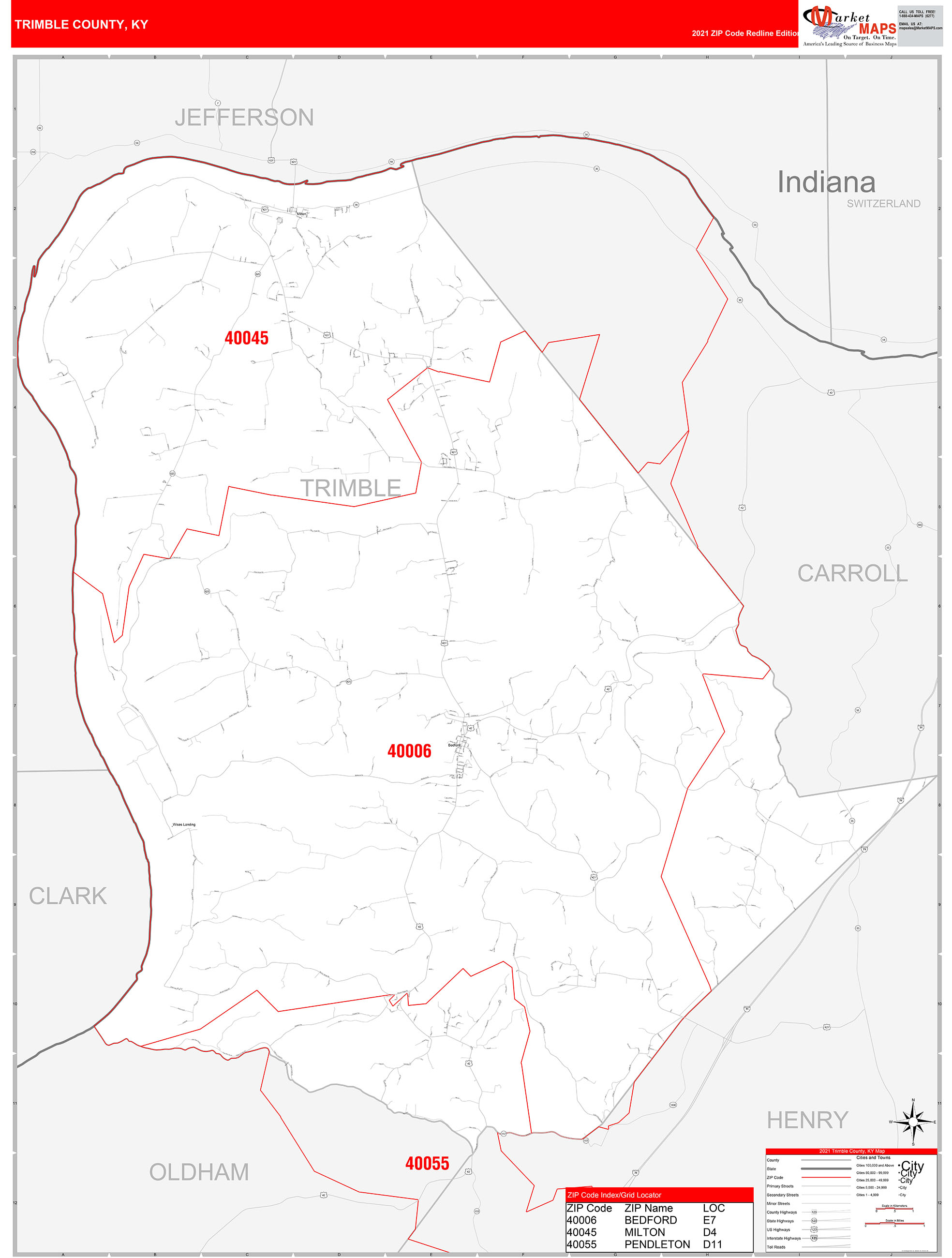 Trimble County, KY Zip Code Wall Map Red Line Style by MarketMAPS