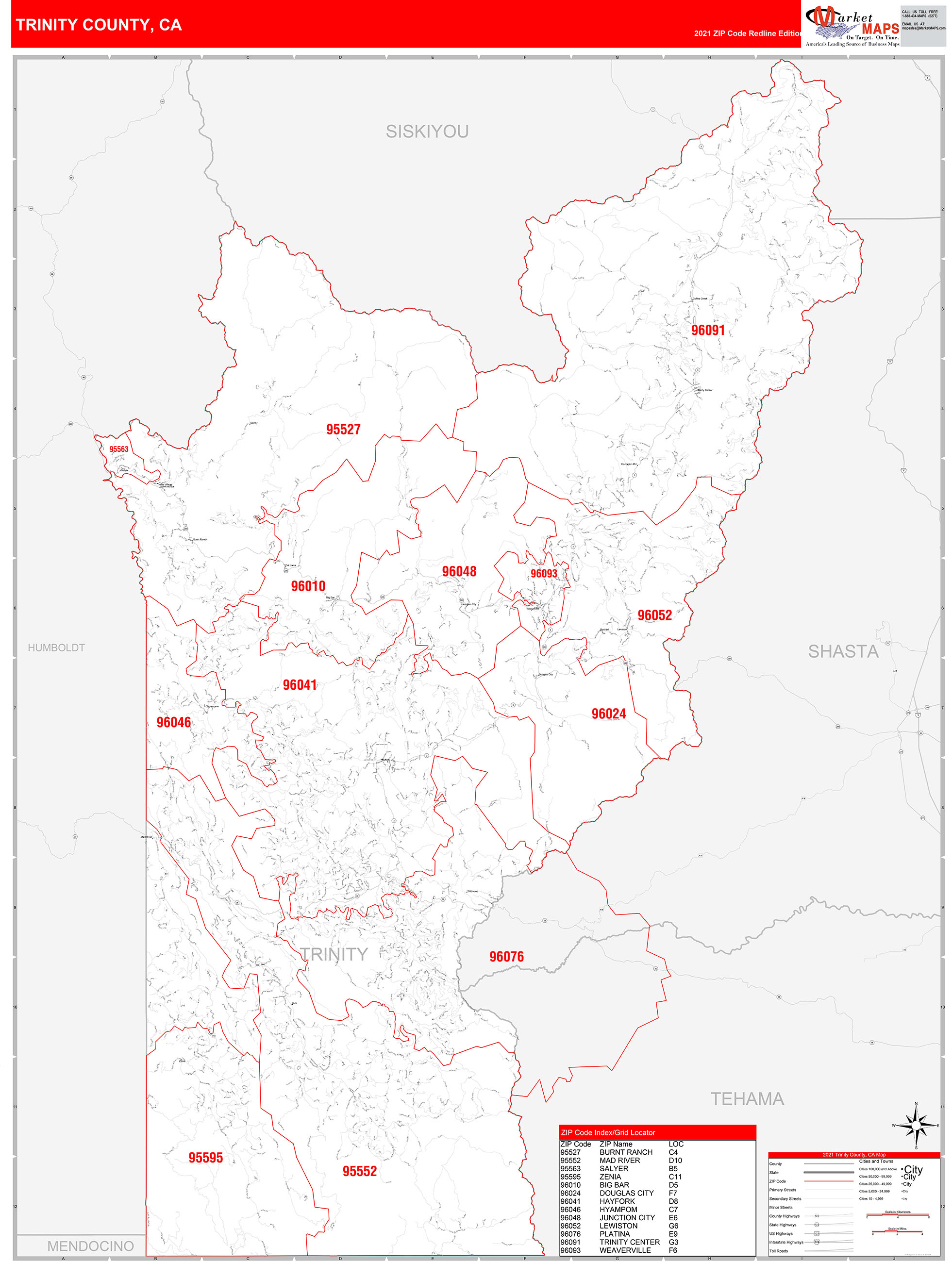 Trinity County, CA Zip Code Wall Map Red Line Style by MarketMAPS ...