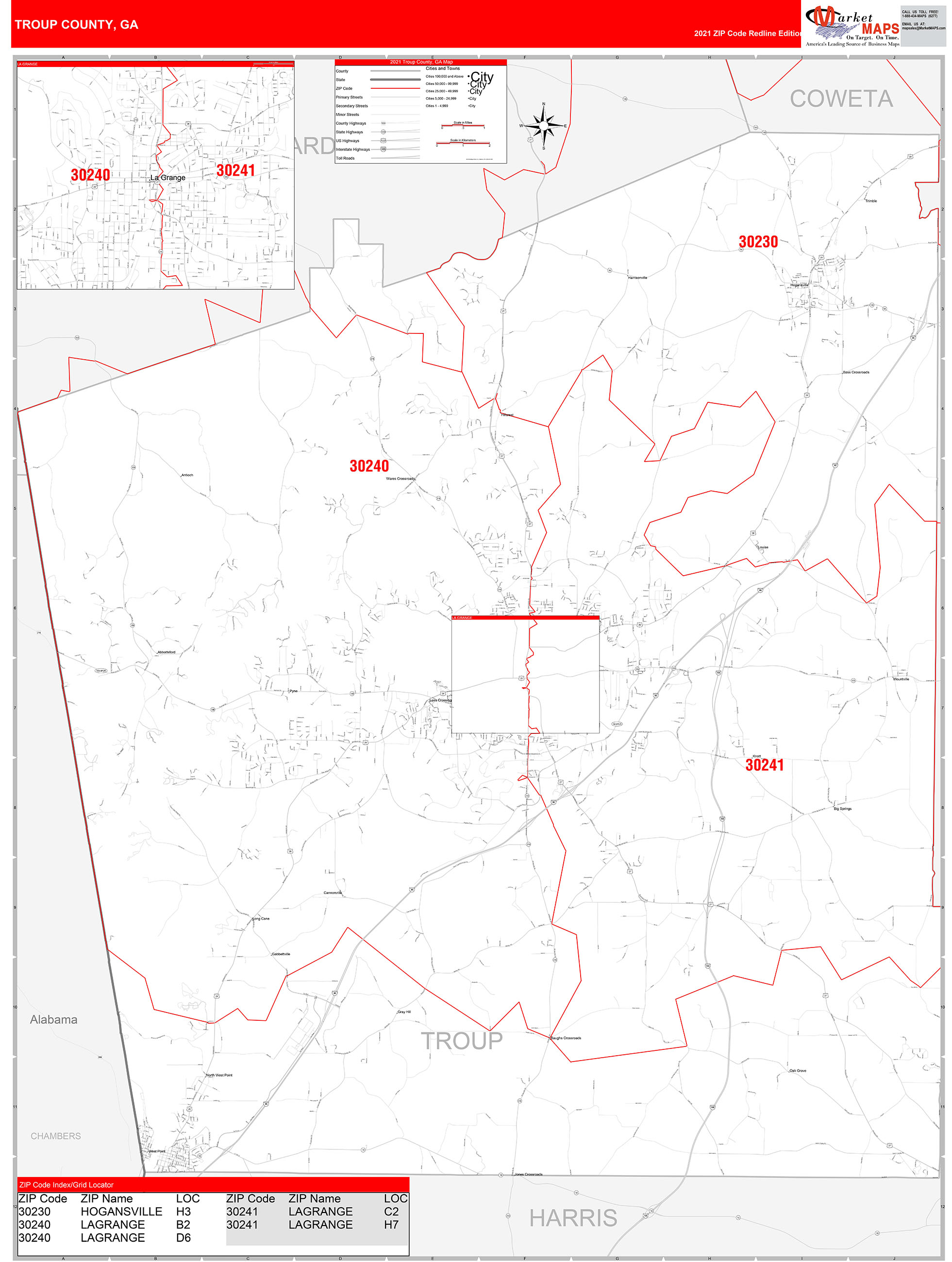 Troup County, GA Zip Code Wall Map Red Line Style by MarketMAPS MapSales