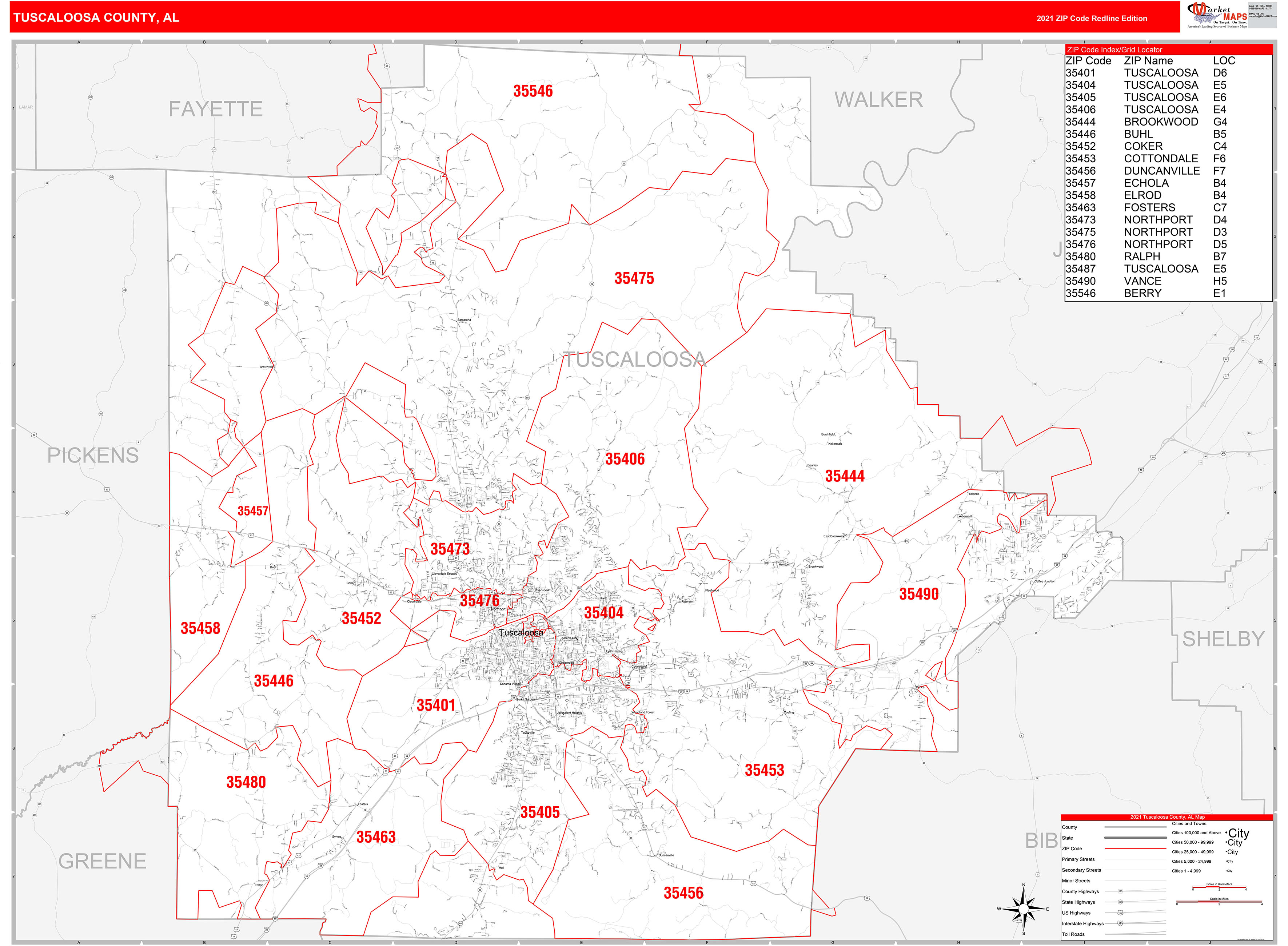 Tuscaloosa County, AL Zip Code Wall Map Red Line Style by MarketMAPS ...