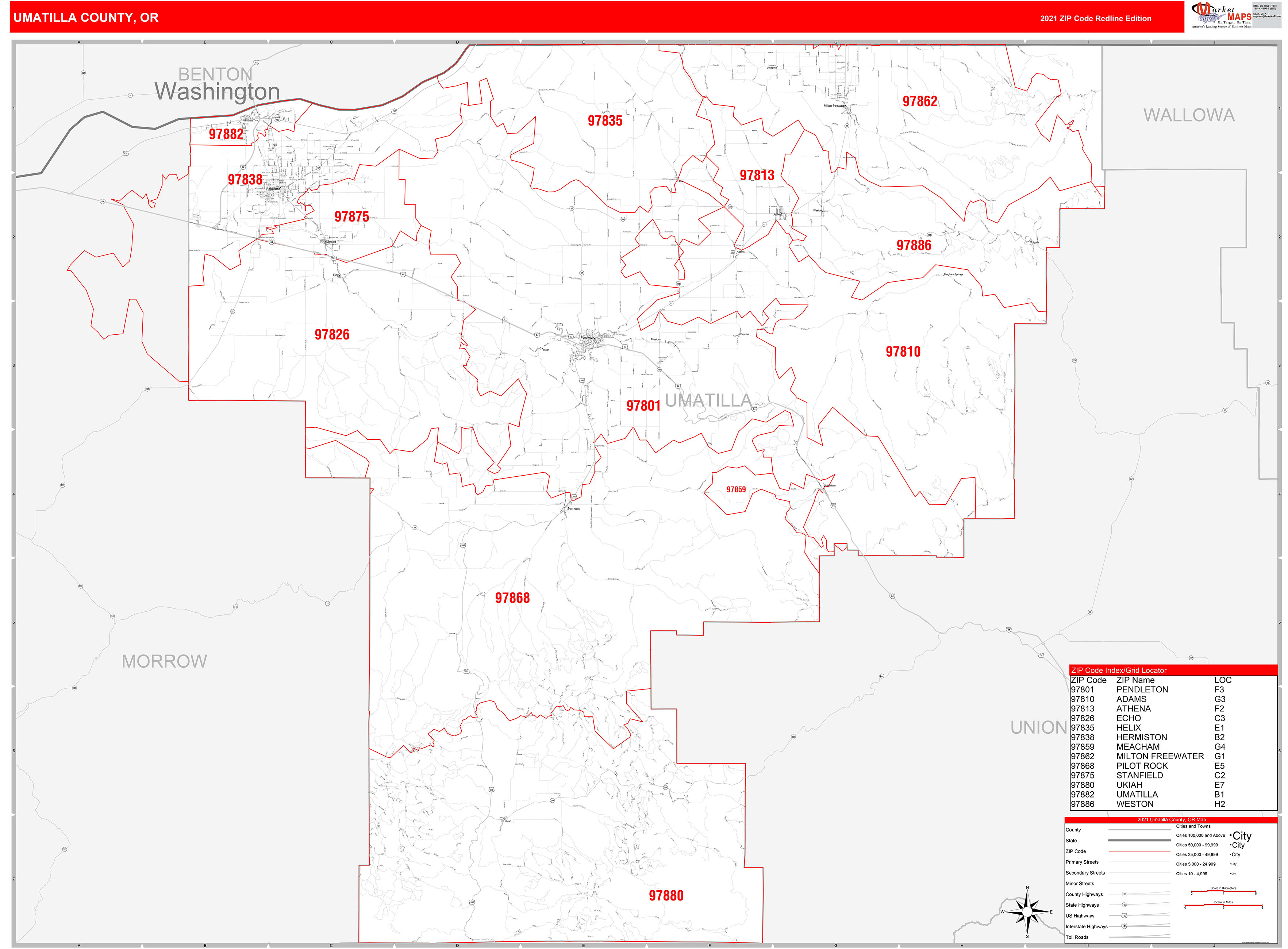 Umatilla County, OR Zip Code Wall Map Red Line Style by MarketMAPS ...