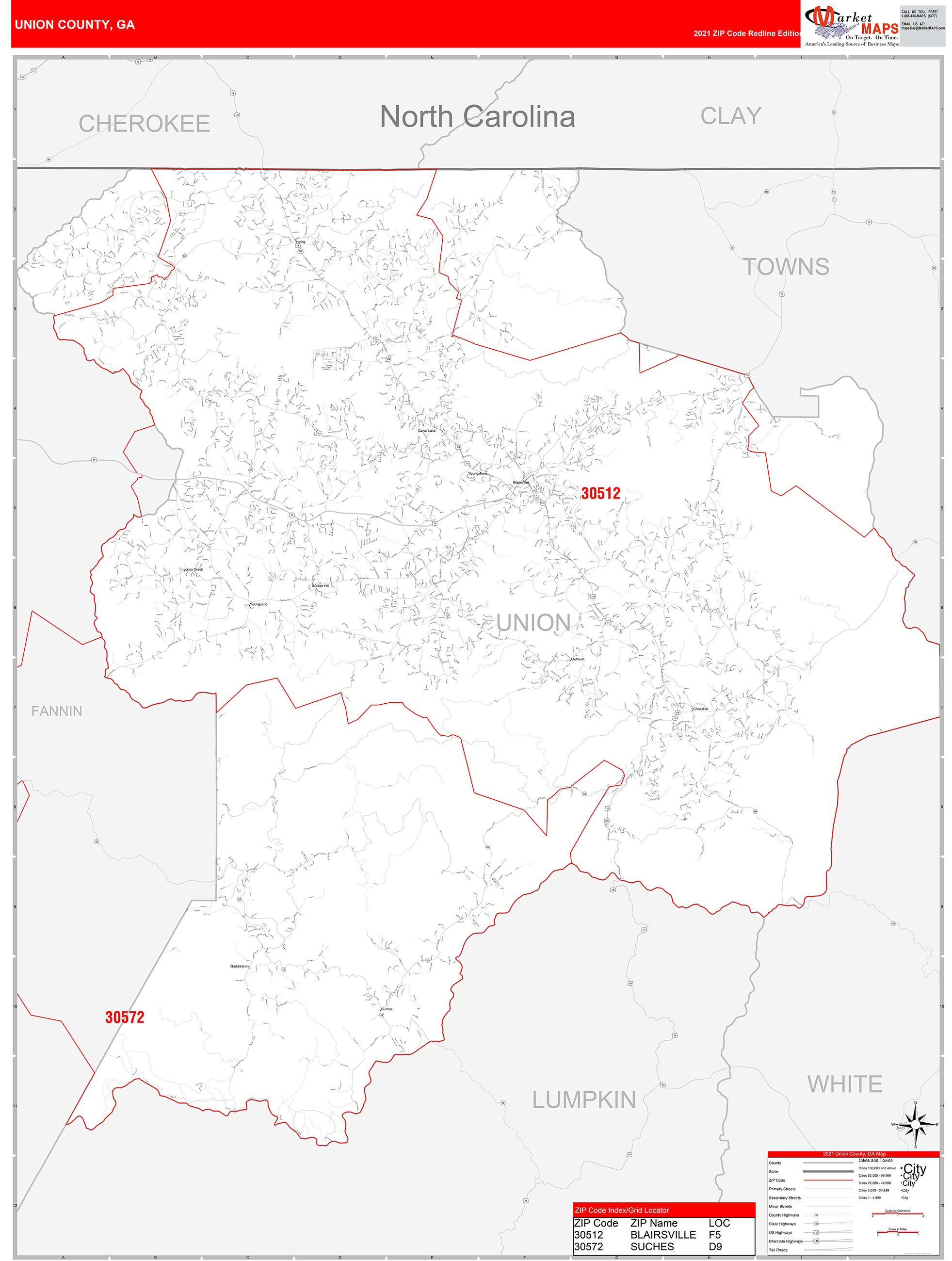 Union County, GA Zip Code Wall Map Red Line Style by MarketMAPS