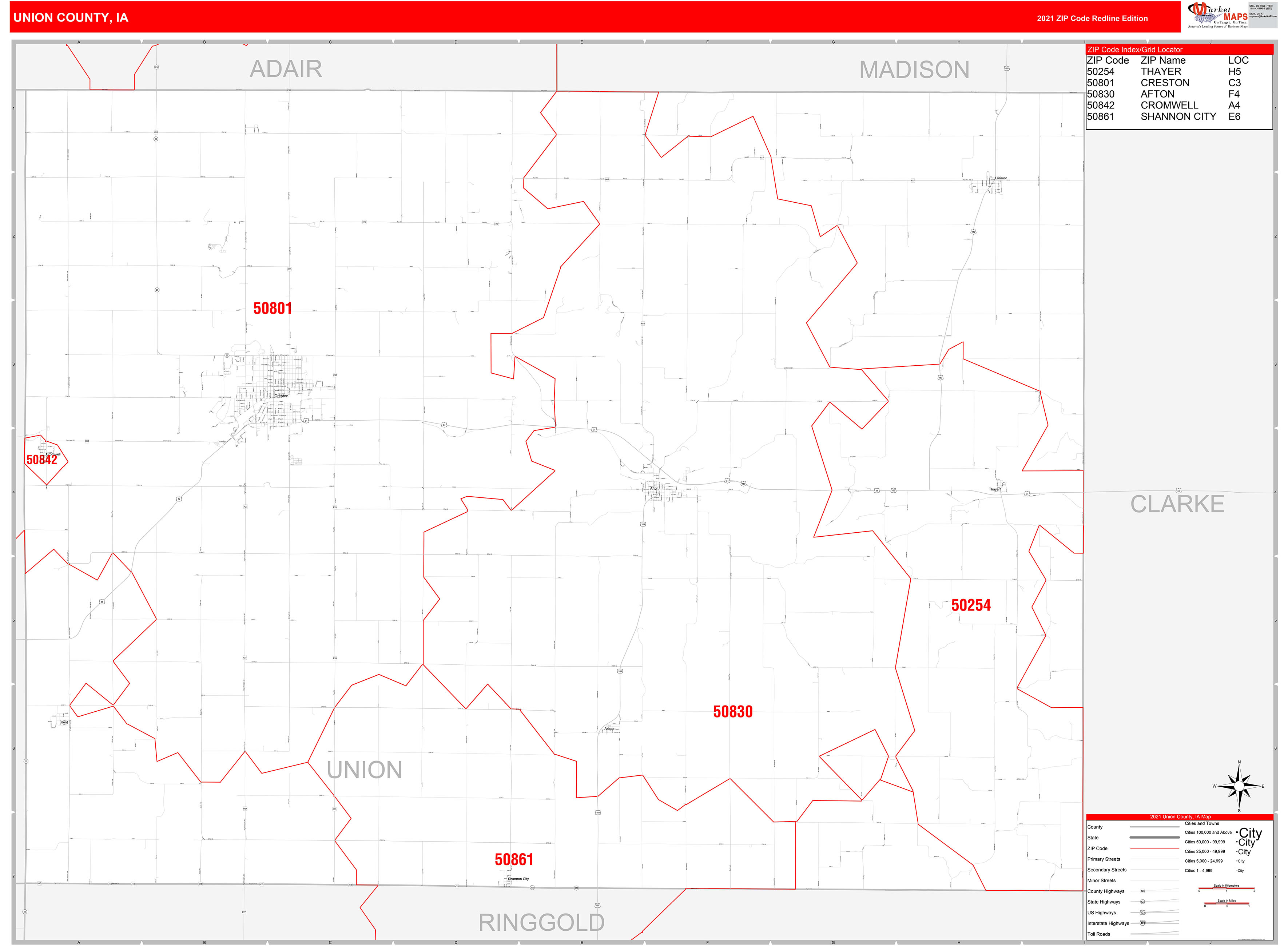 Union County, IA Zip Code Wall Map Red Line Style by MarketMAPS