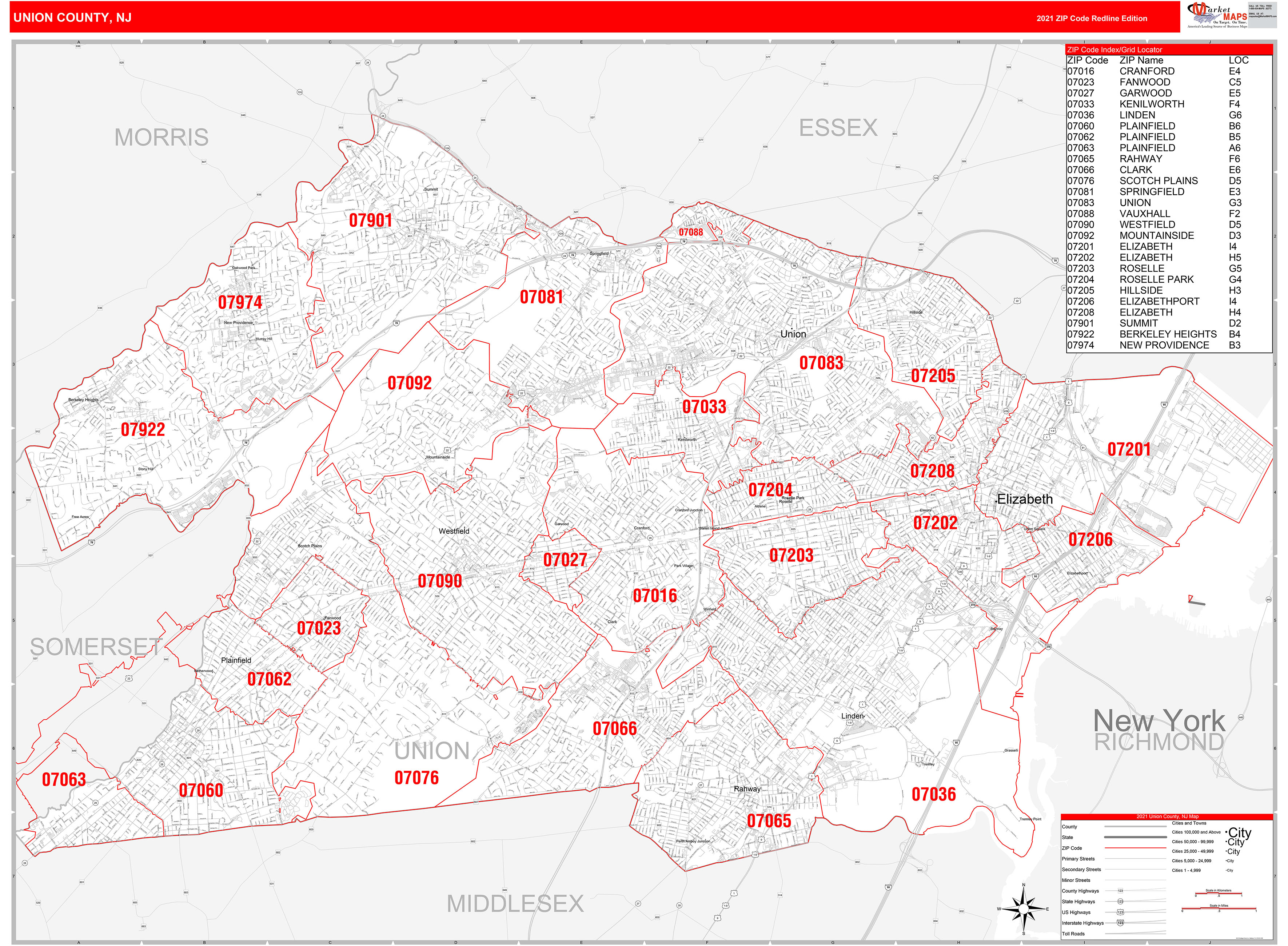 Union County, NJ Zip Code Wall Map Red Line Style by MarketMAPS - MapSales