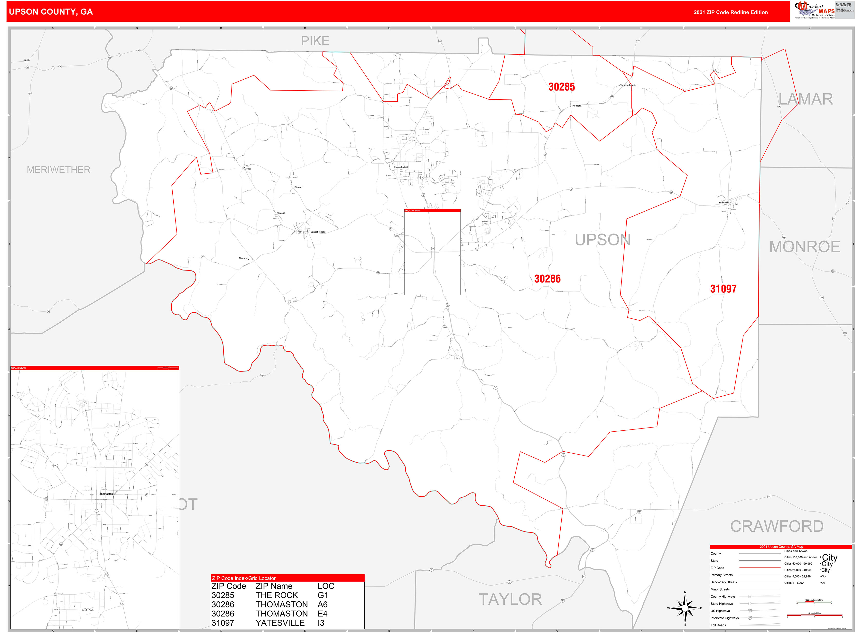 Upson County, GA Zip Code Wall Map Red Line Style by MarketMAPS