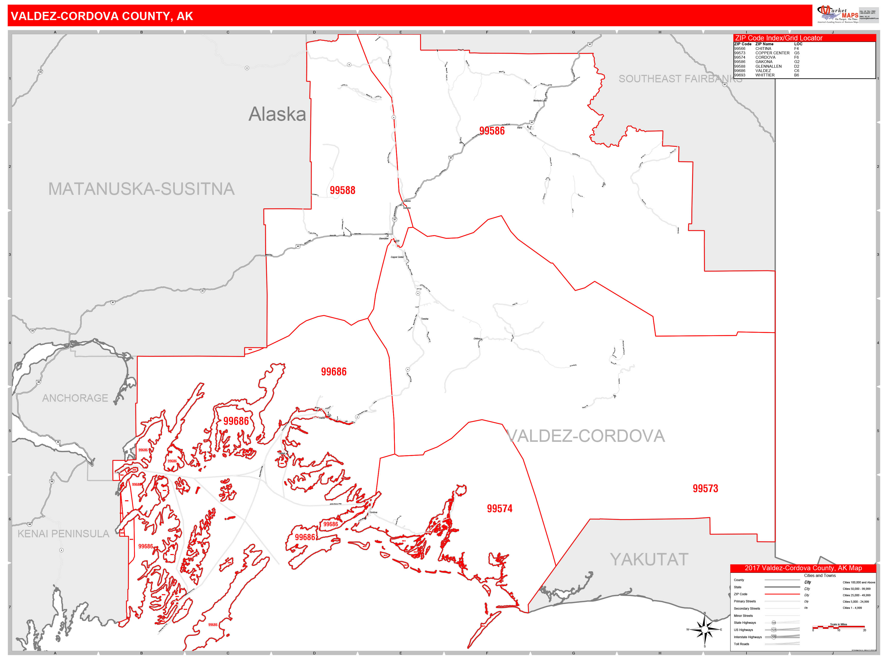 Valdez-Cordova County, AK Zip Code Wall Map Red Line Style by ...