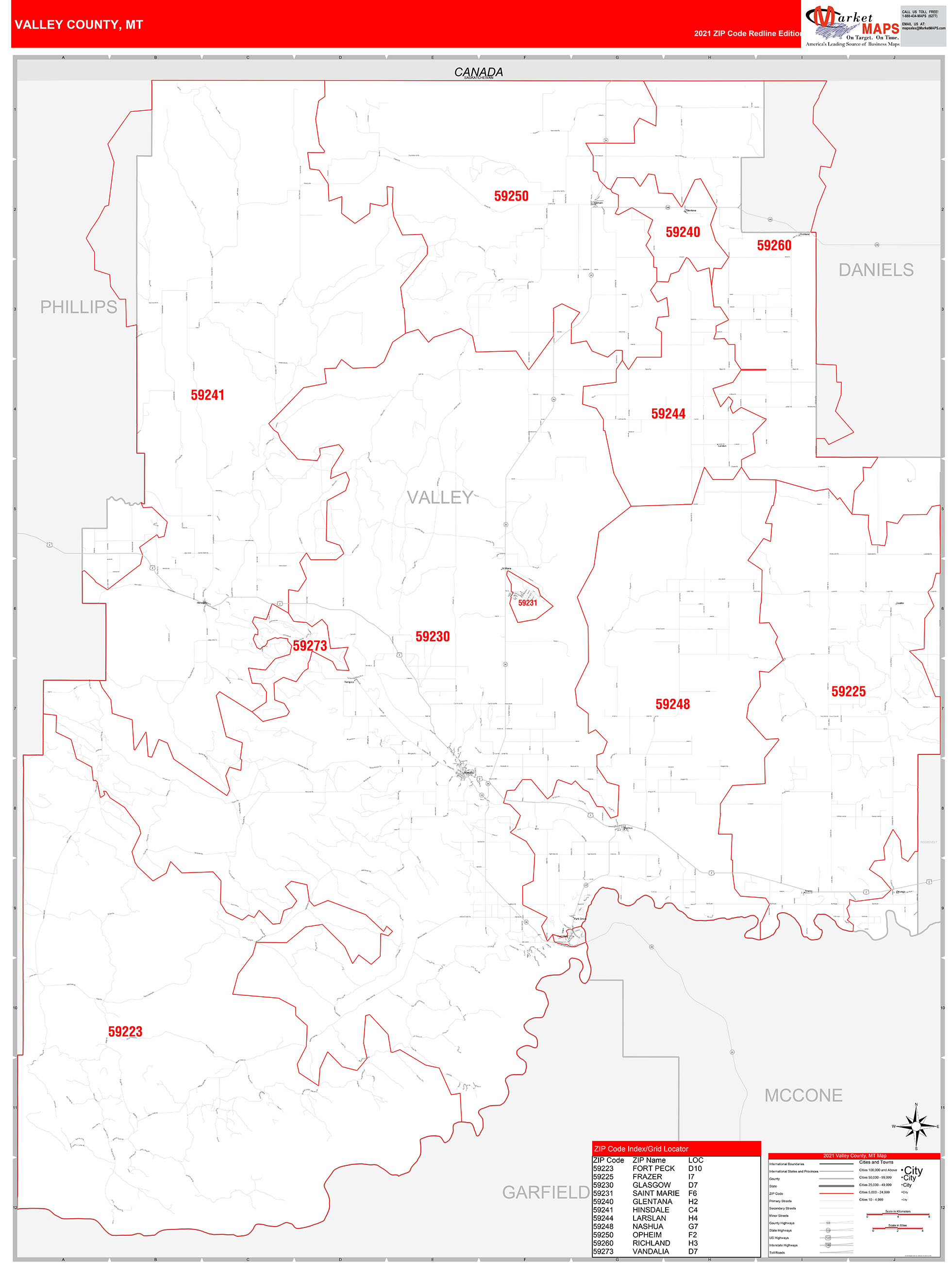 Valley County, MT Zip Code Wall Map Red Line Style by MarketMAPS