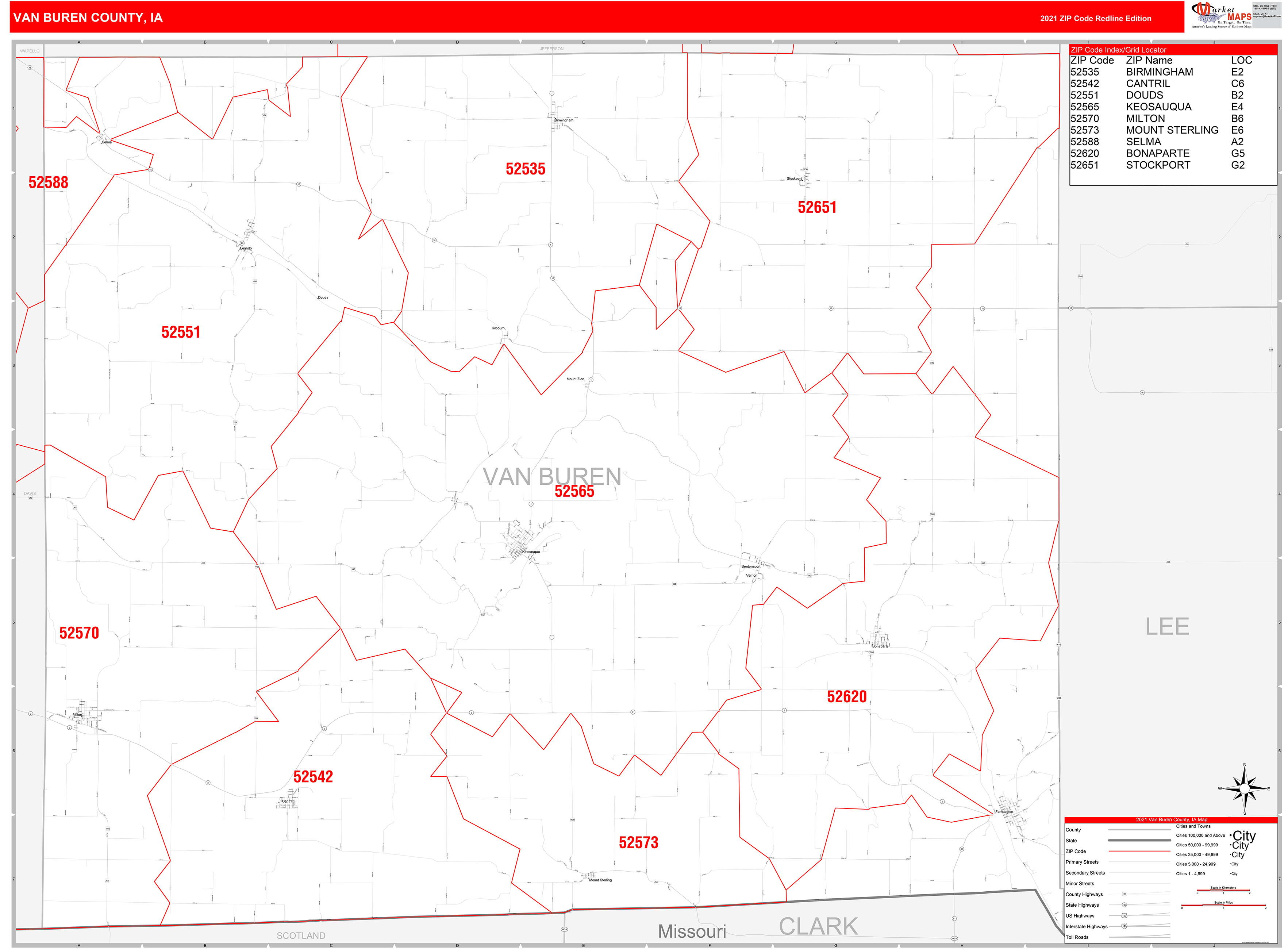 Van Buren County, IA Zip Code Wall Map Red Line Style by MarketMAPS ...