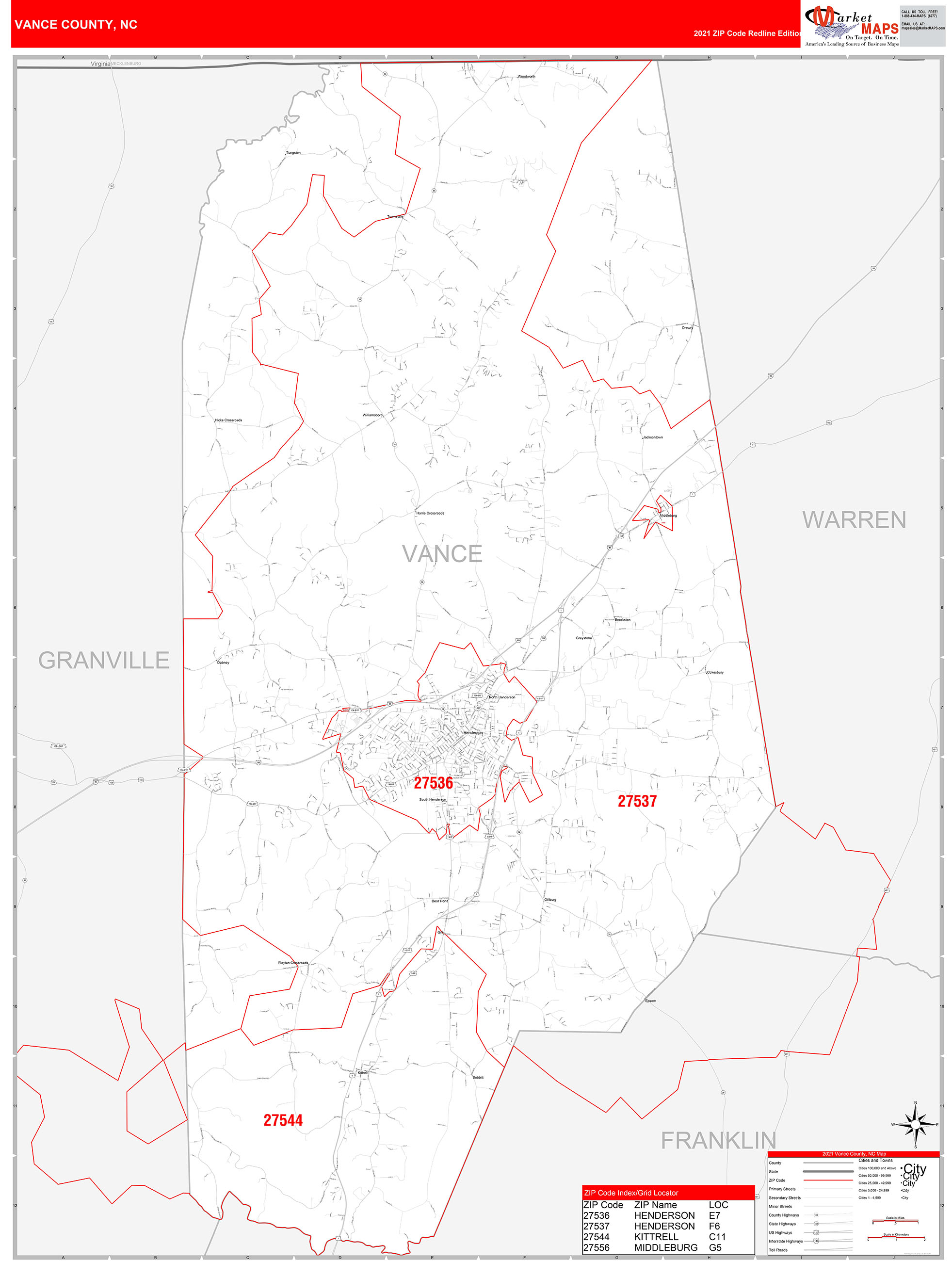 Vance County, NC Zip Code Wall Map Red Line Style by MarketMAPS