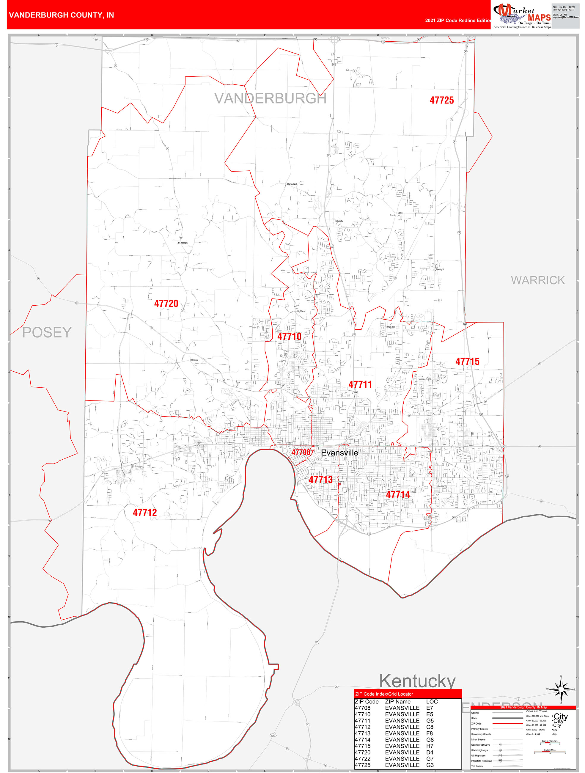 Vanderburgh County, IN Zip Code Wall Map Red Line Style by MarketMAPS
