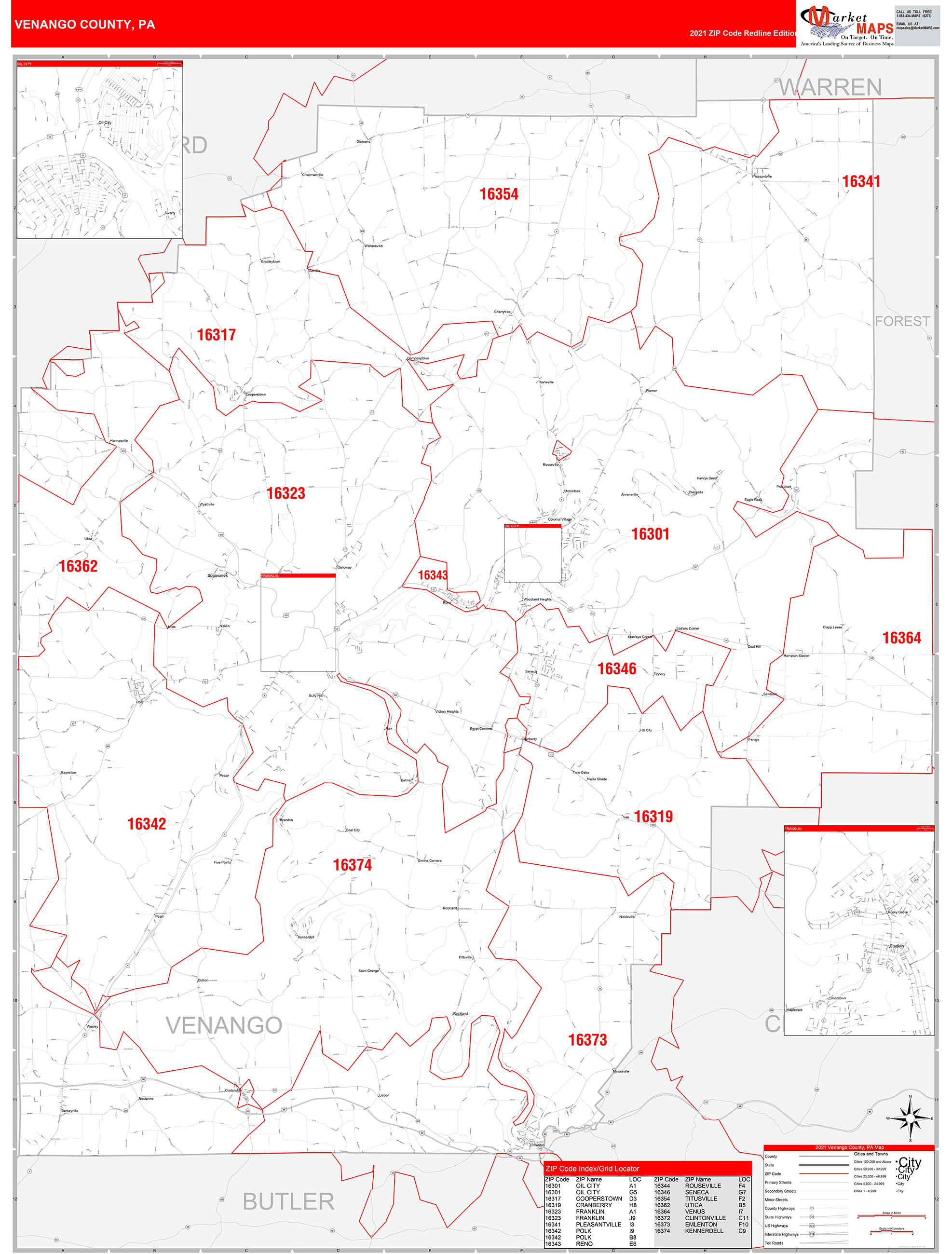 Venango County, PA Zip Code Wall Map Red Line Style by MarketMAPS ...