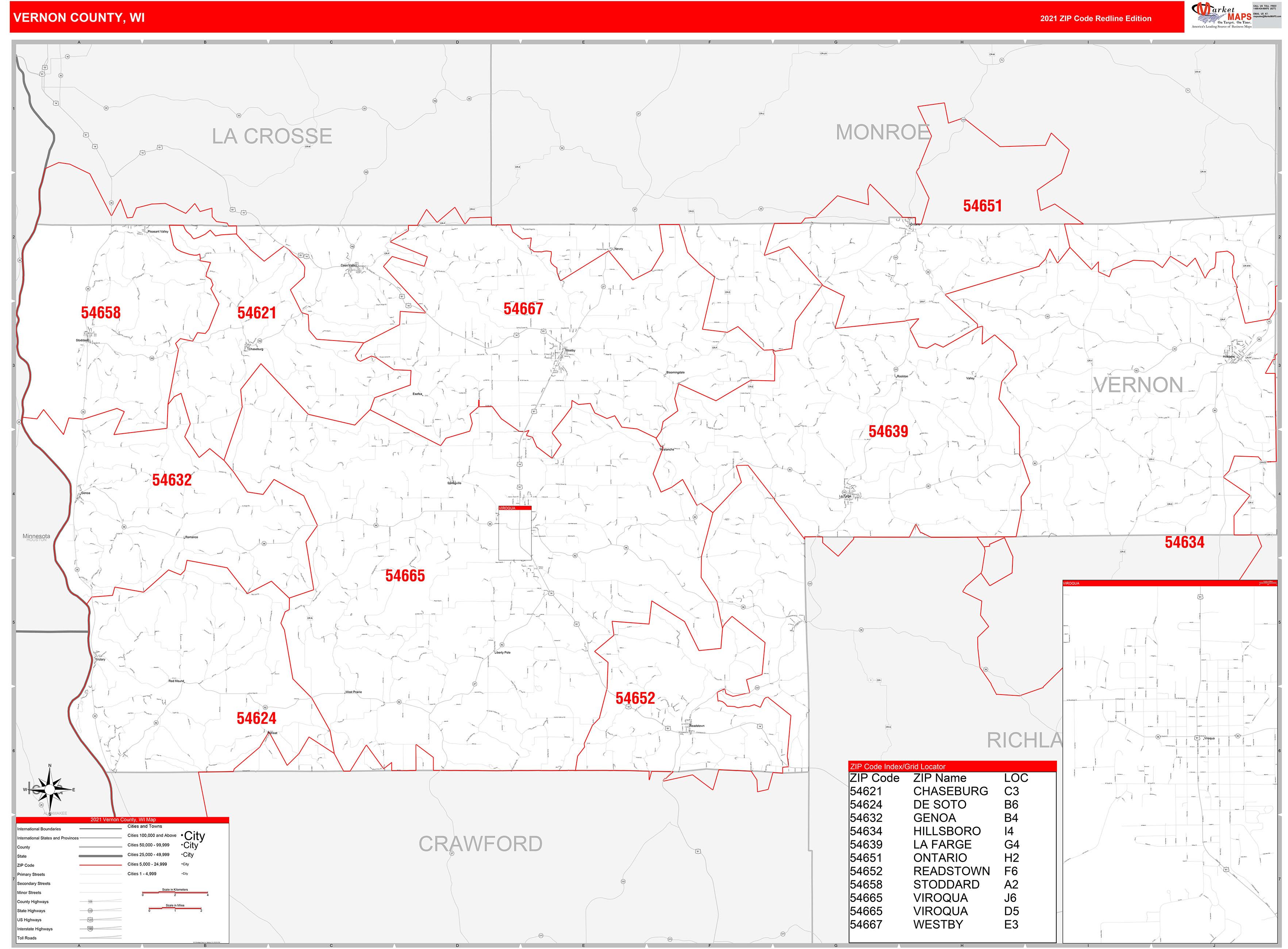 Vernon County, WI Zip Code Wall Map Red Line Style by MarketMAPS - MapSales