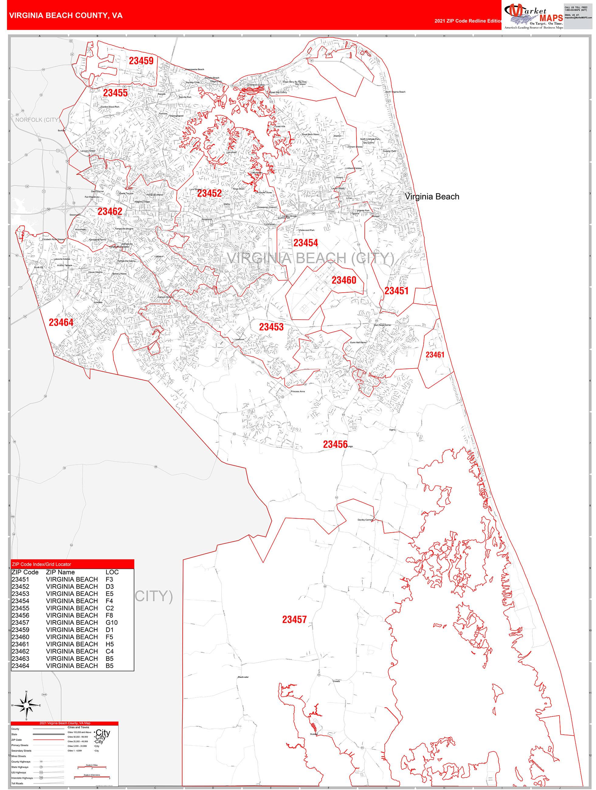 Virginia Beach County, VA Zip Code Wall Map Red Line Style by