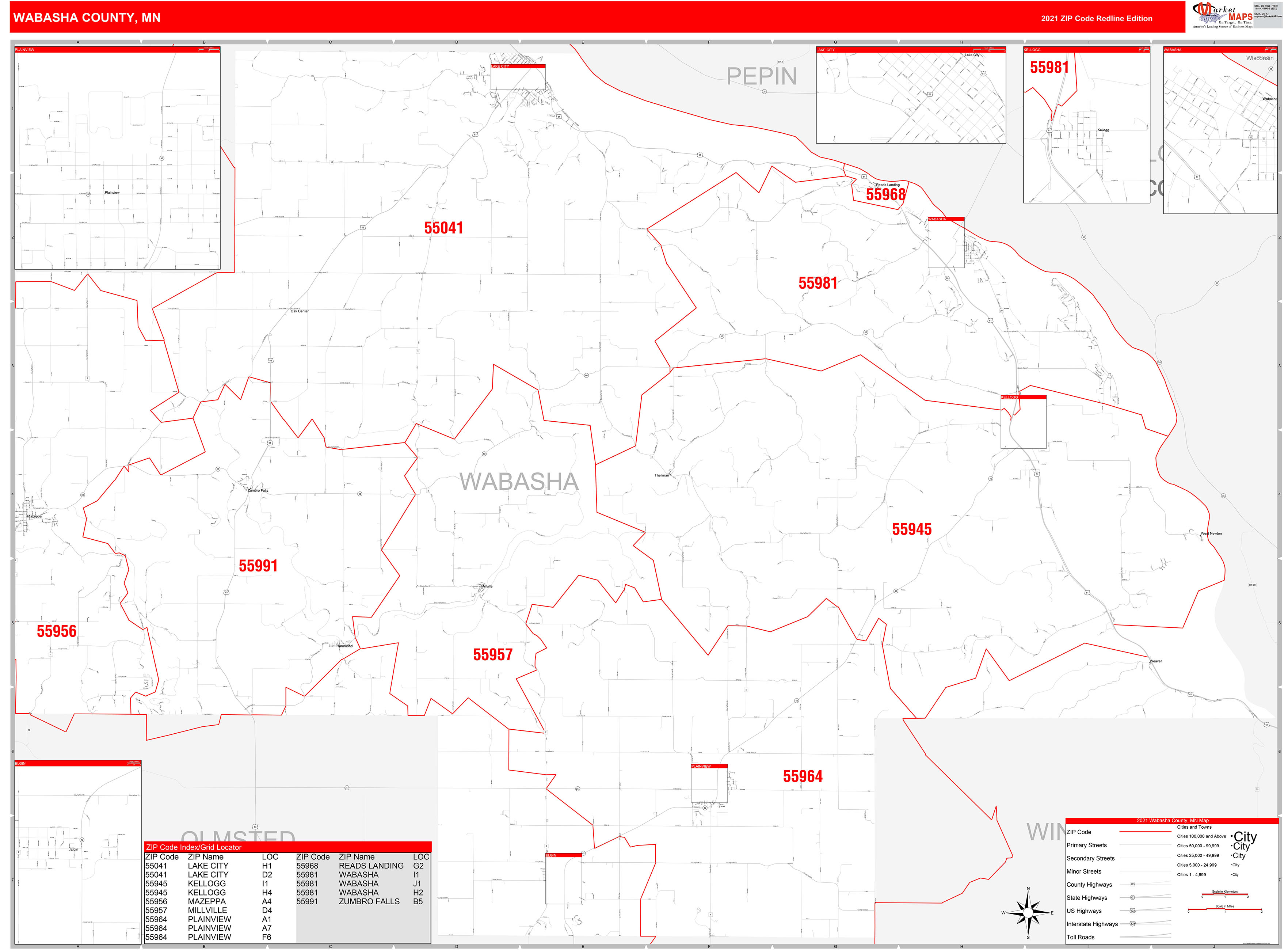 Wabasha County, MN Zip Code Wall Map Red Line Style by MarketMAPS