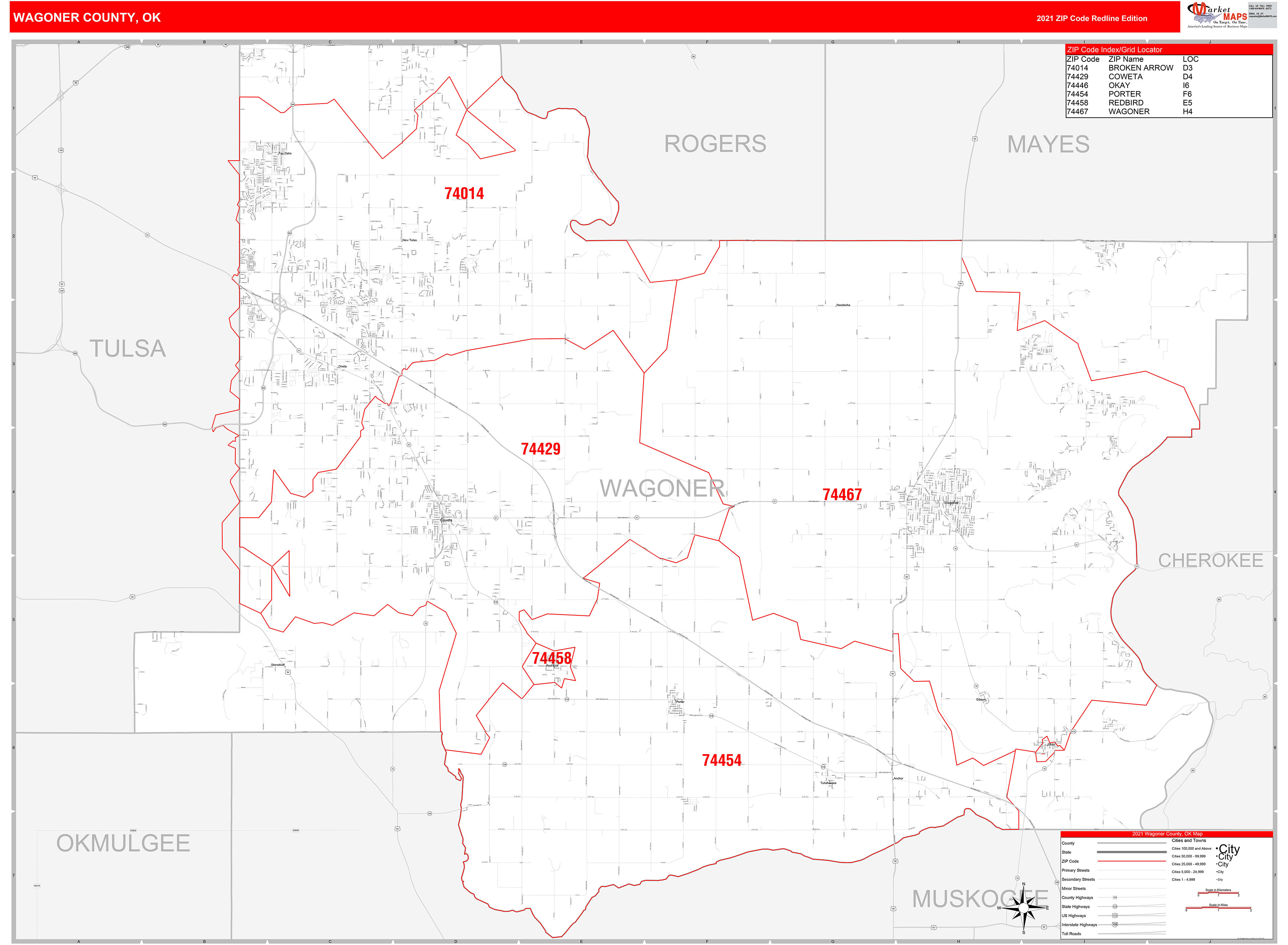 Wagoner County, OK Zip Code Wall Map Red Line Style by MarketMAPS ...