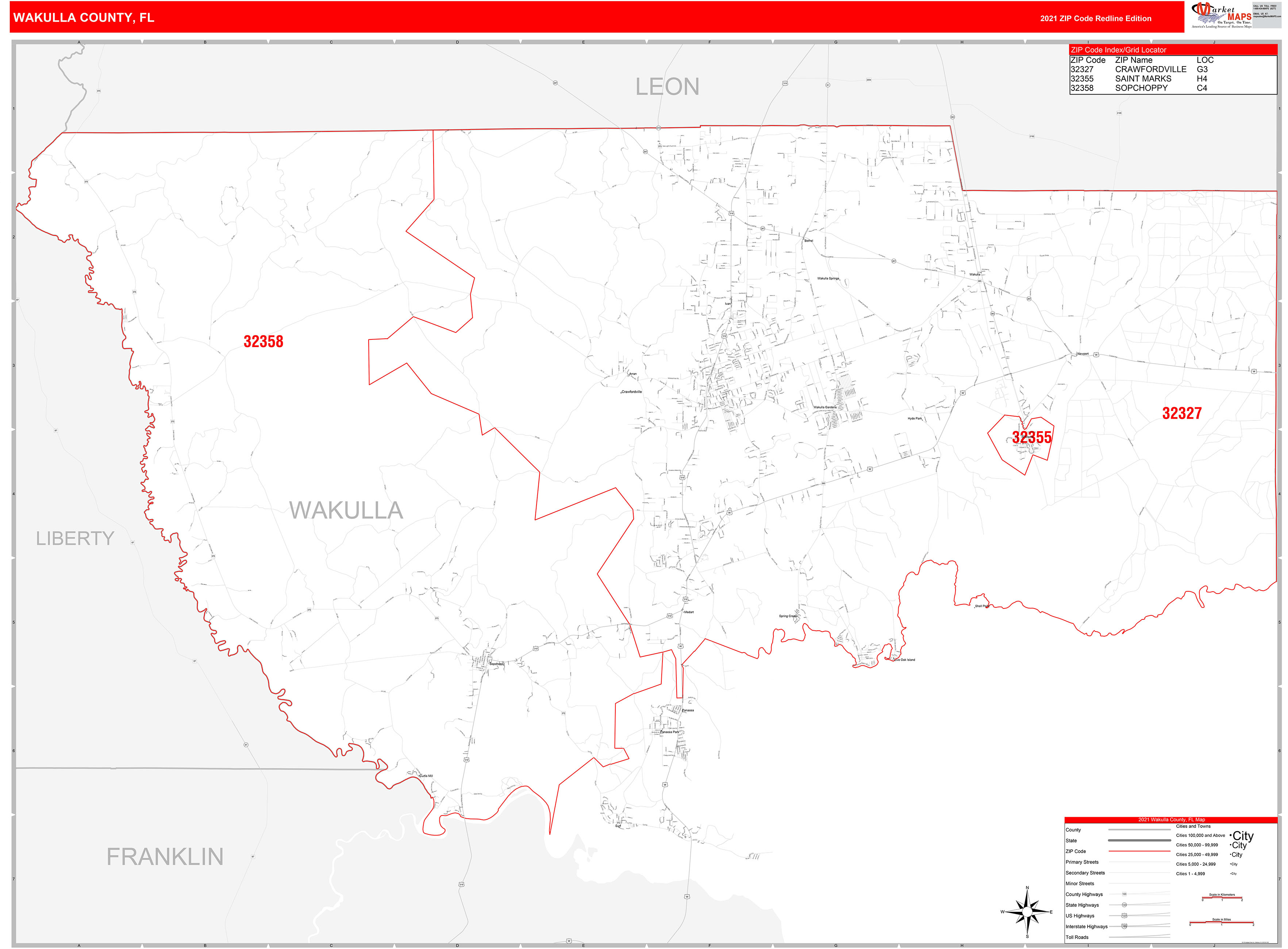 Wakulla County, FL Zip Code Wall Map Red Line Style by MarketMAPS