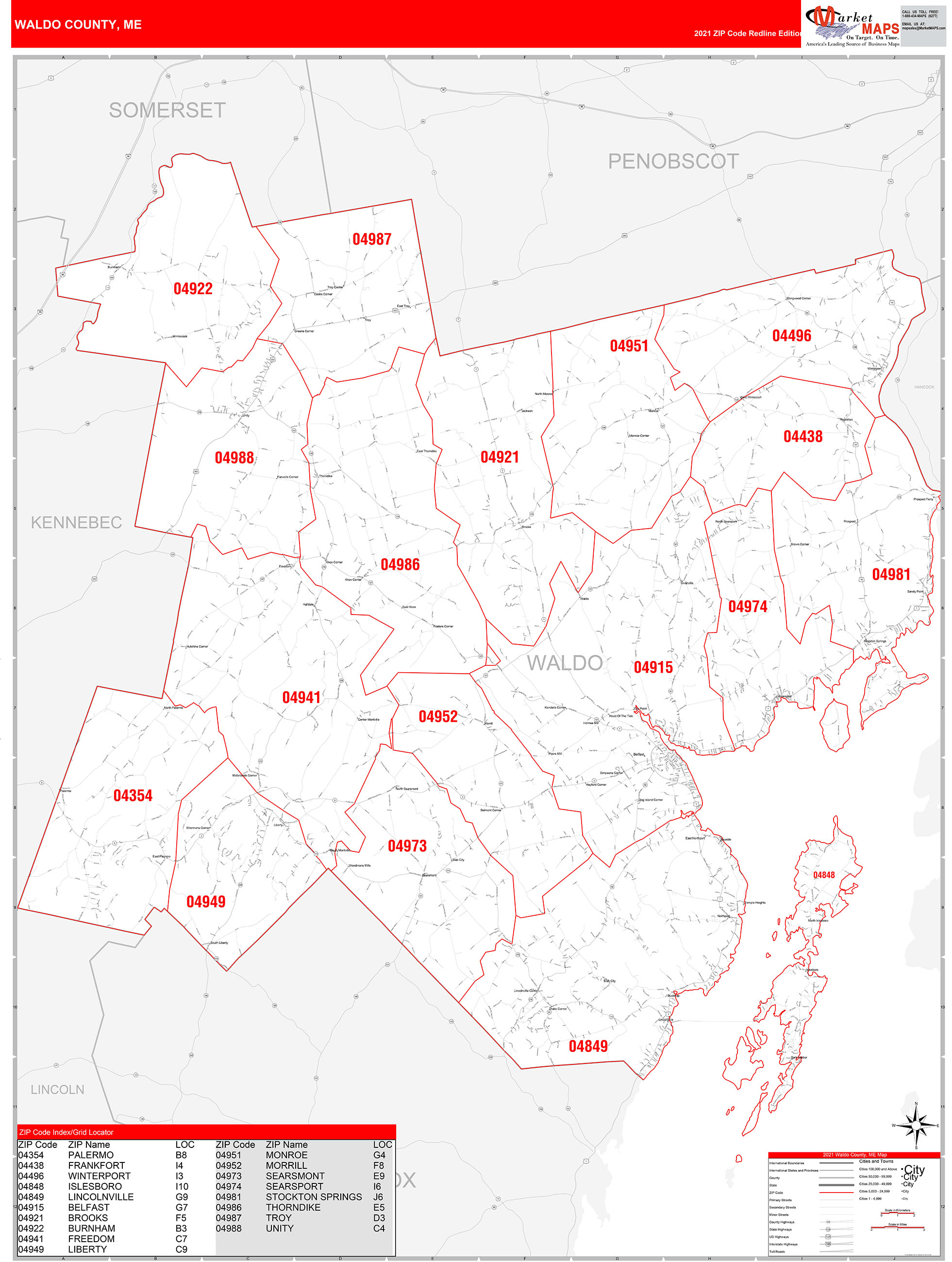 Waldo County, ME Zip Code Wall Map Red Line Style by MarketMAPS