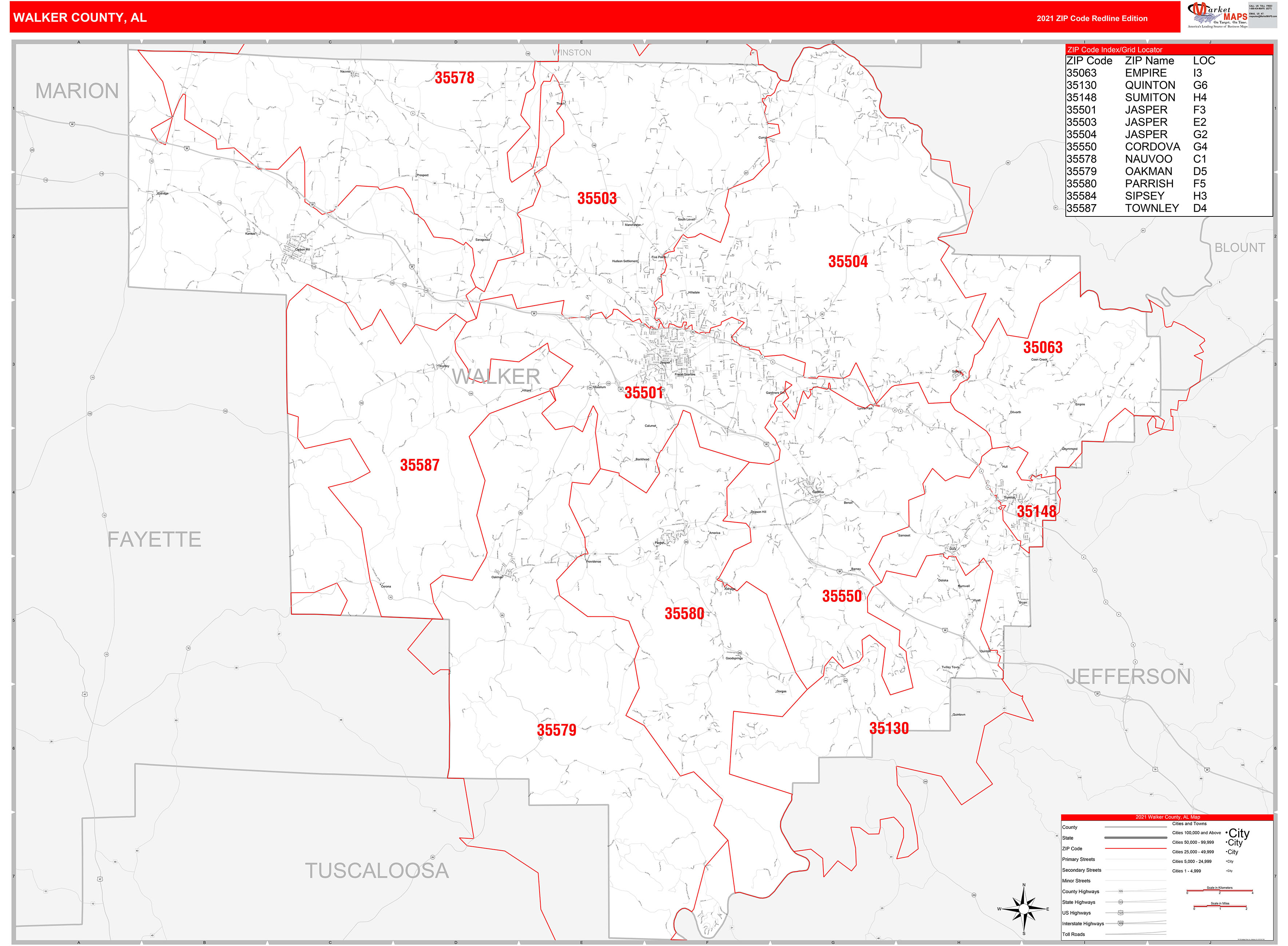 Walker County, AL Zip Code Wall Map Red Line Style by MarketMAPS MapSales