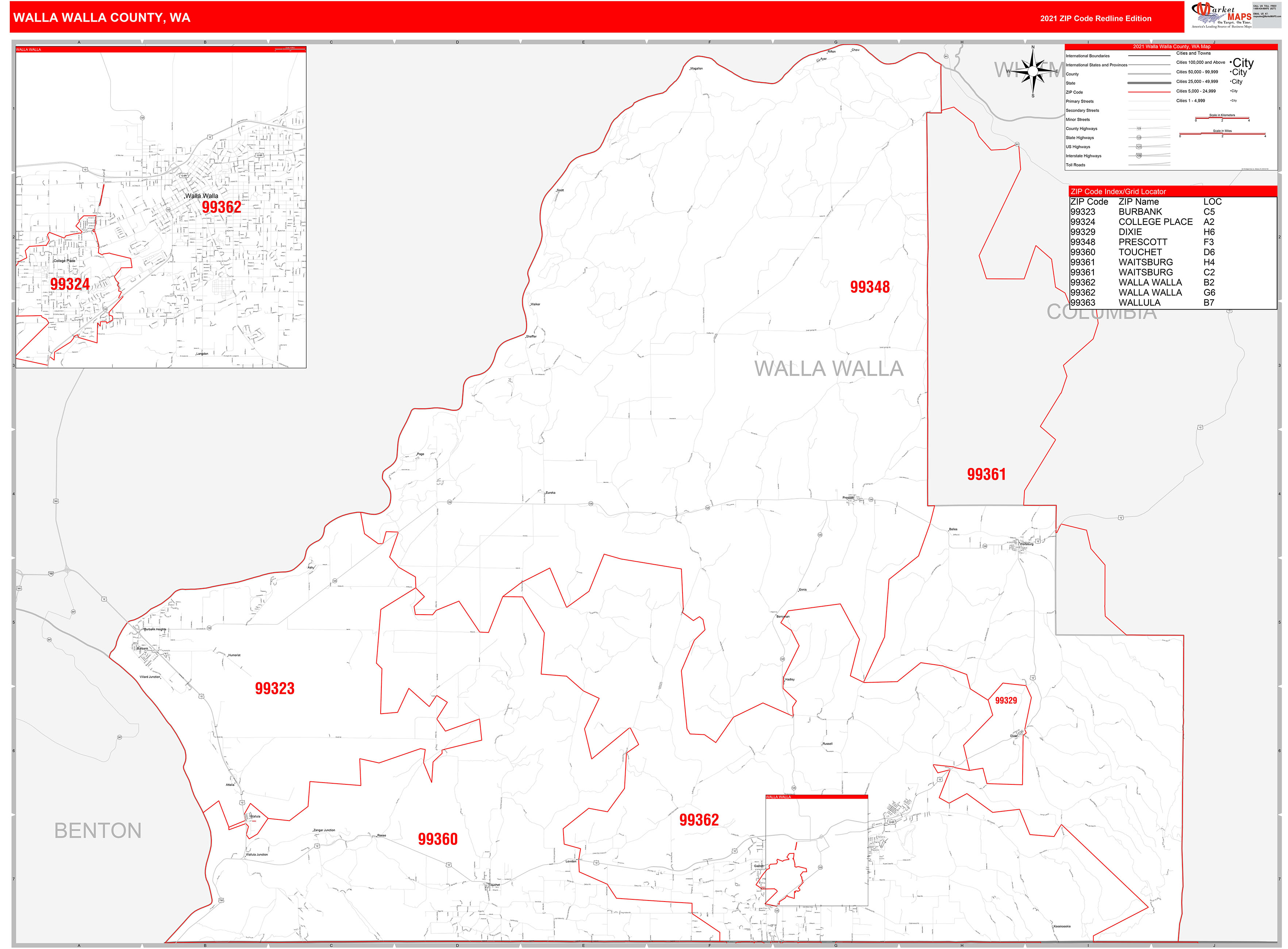 Walla Walla County Wa Zip Code Wall Map Red Line Style By Marketmaps Mapsales 0274