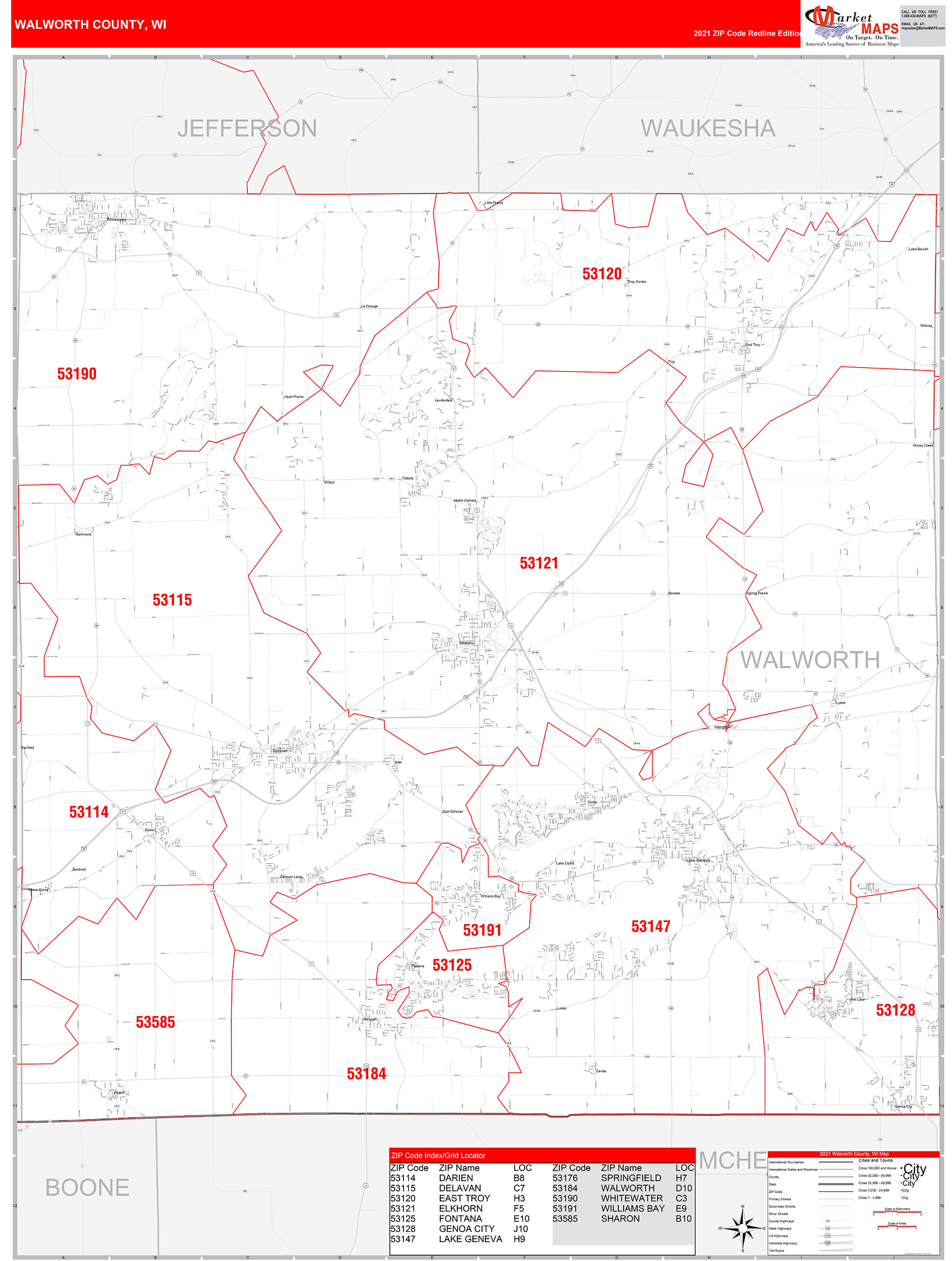 Walworth County, WI Zip Code Wall Map Red Line Style by MarketMAPS