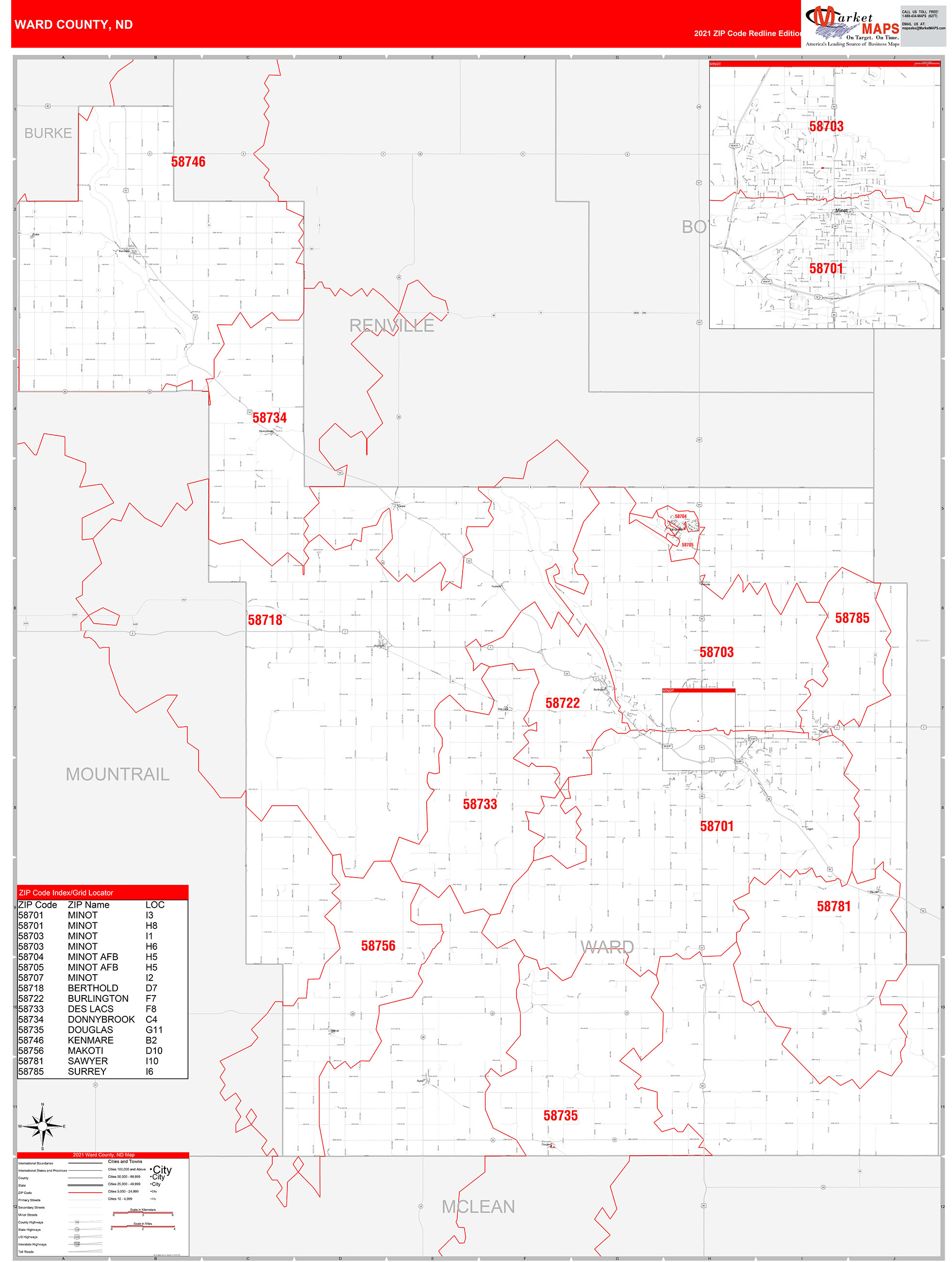 Ward County, ND Zip Code Wall Map Red Line Style by MarketMAPS