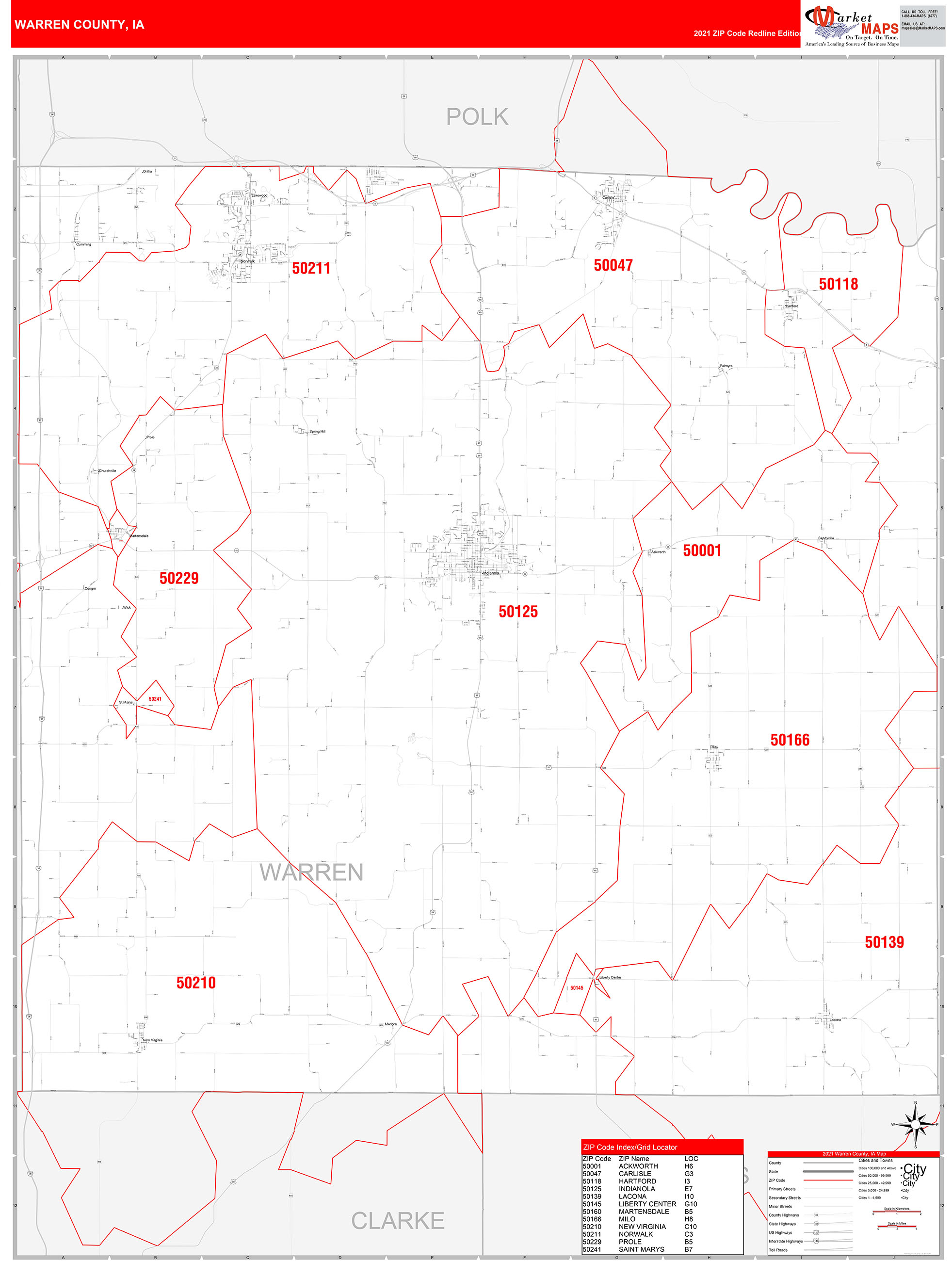 Warren County Ia Zip Code Wall Map Red Line Style By Marketmaps Mapsales 0655