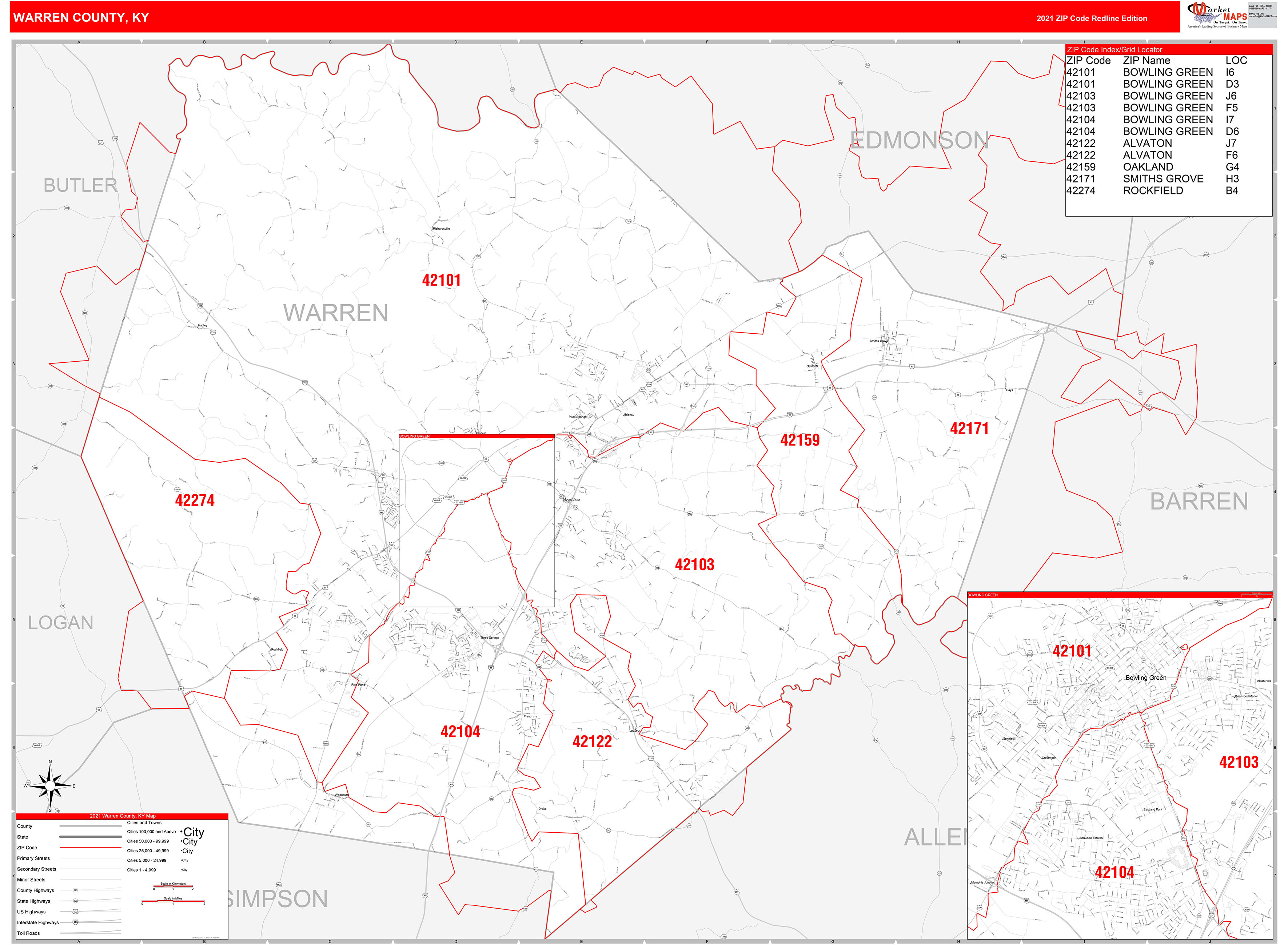 Warren County, KY Zip Code Wall Map Red Line Style by MarketMAPS - MapSales