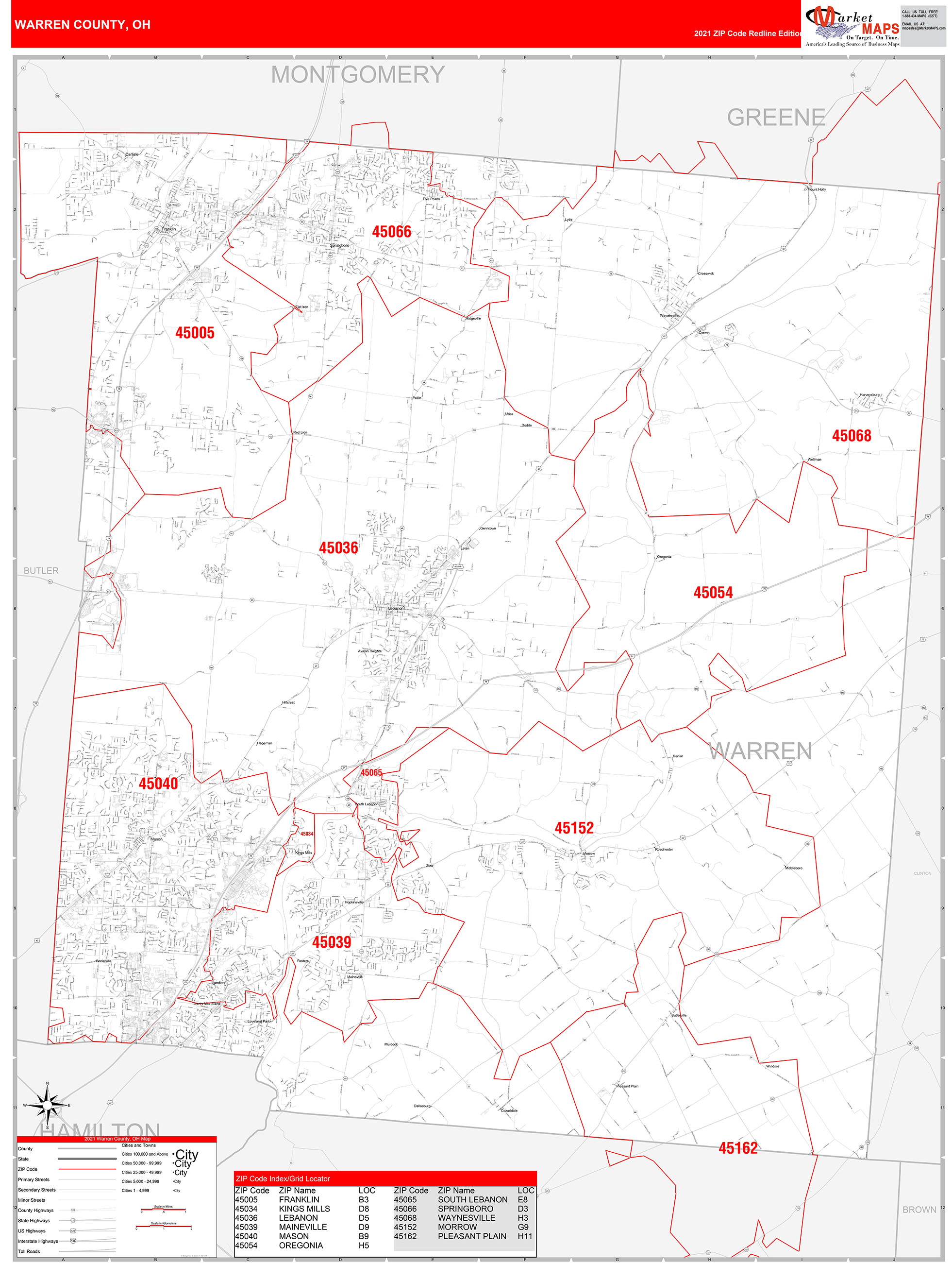 Warren County, OH Zip Code Wall Map Red Line Style by MarketMAPS - MapSales