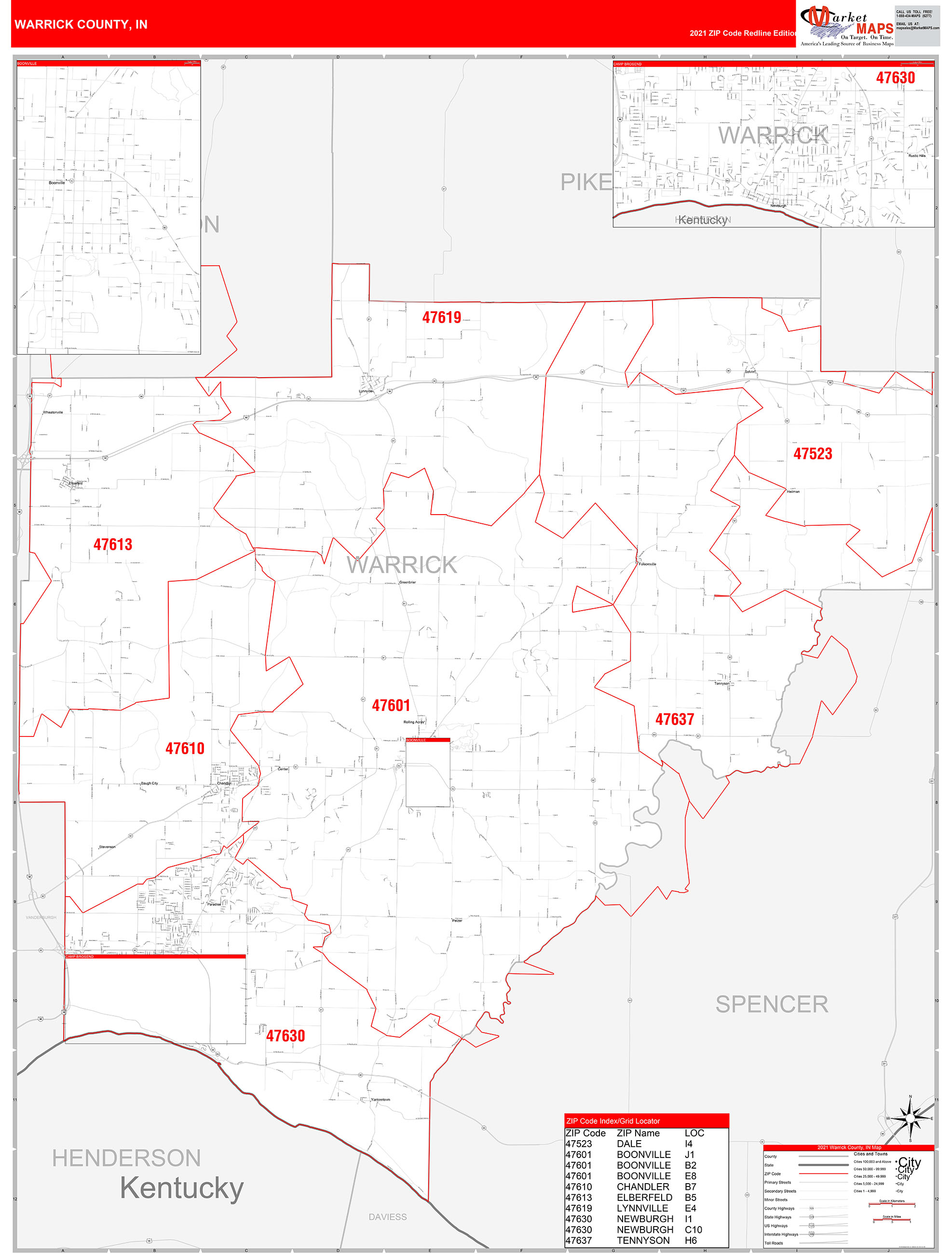Warrick County In Zip Code Wall Map Red Line Style By Marketmaps Mapsales 4800