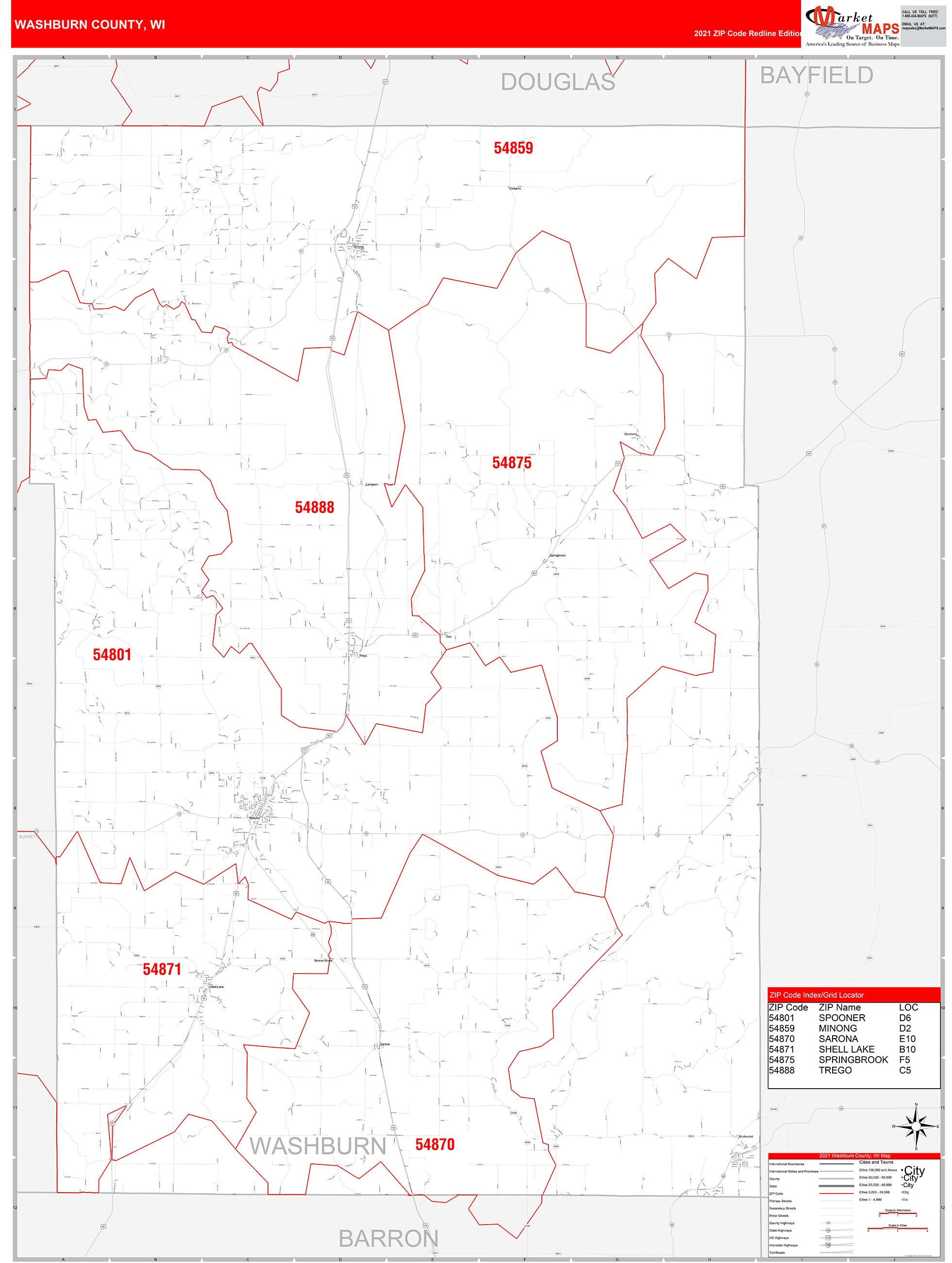 Washburn County Wi Zip Code Wall Map Red Line Style By Marketmaps 1498