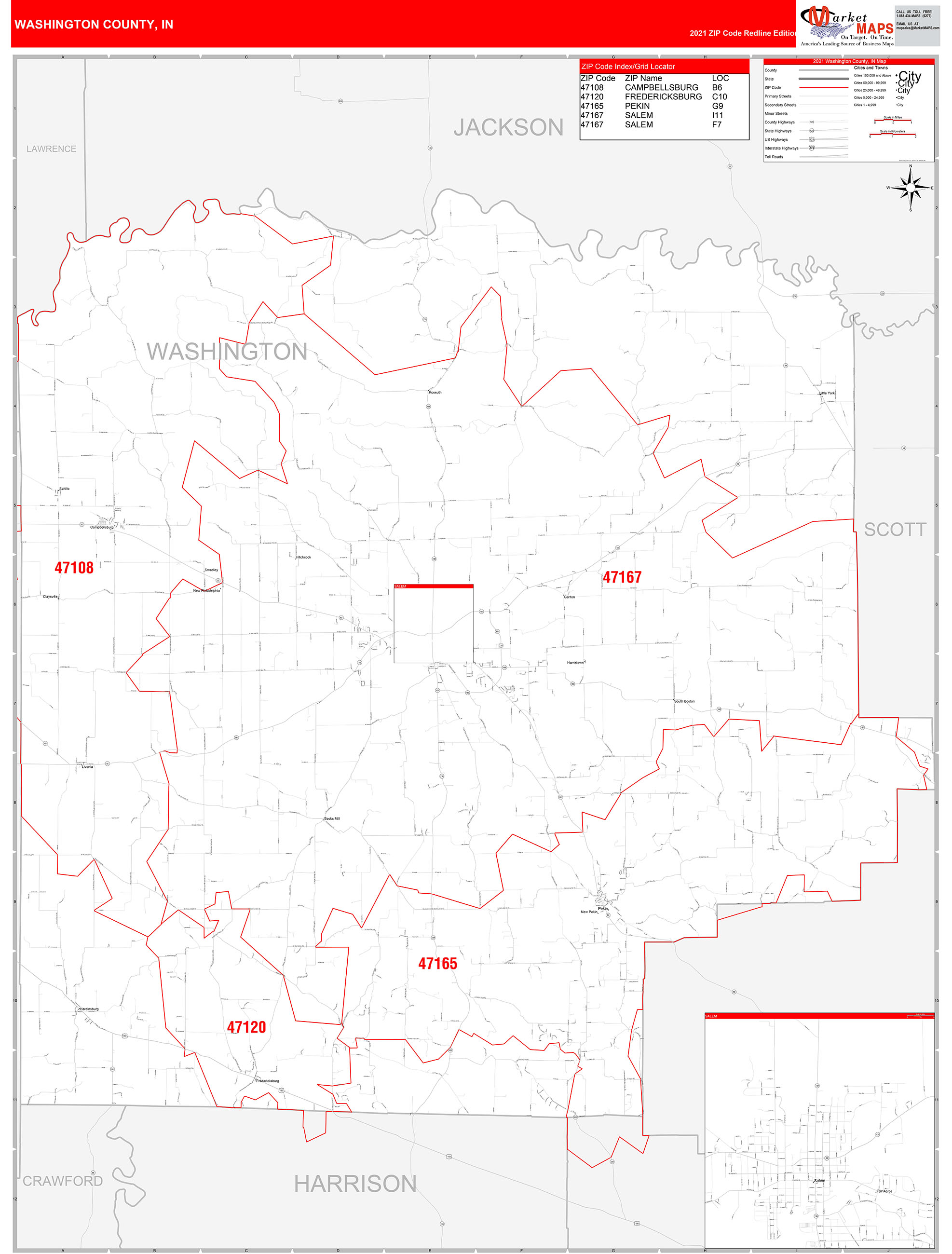 Washington County Tn Zip Code Wall Map Red Line Style By Marketmaps ...