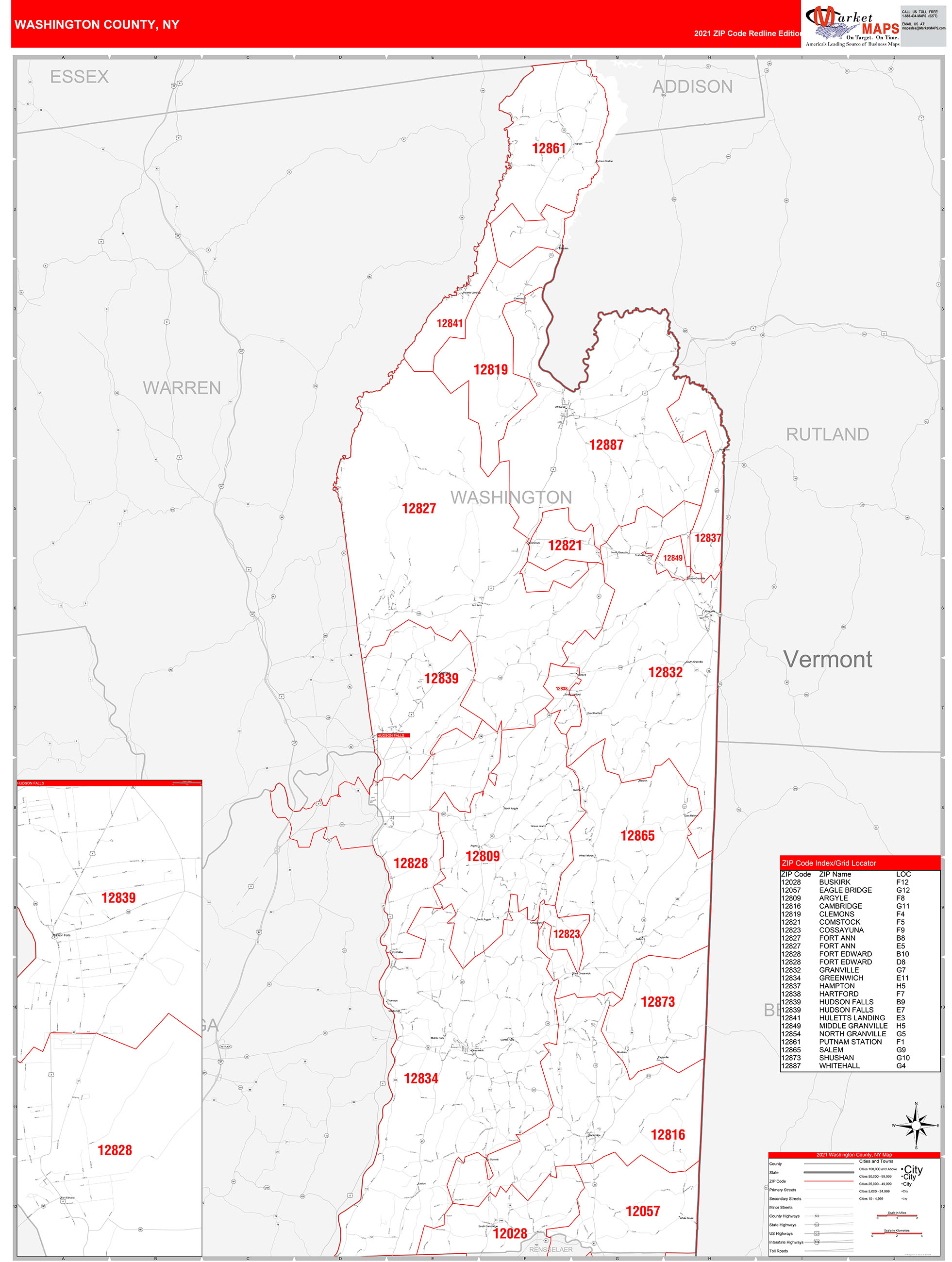 Washington County, NY Zip Code Wall Map Red Line Style by MarketMAPS ...