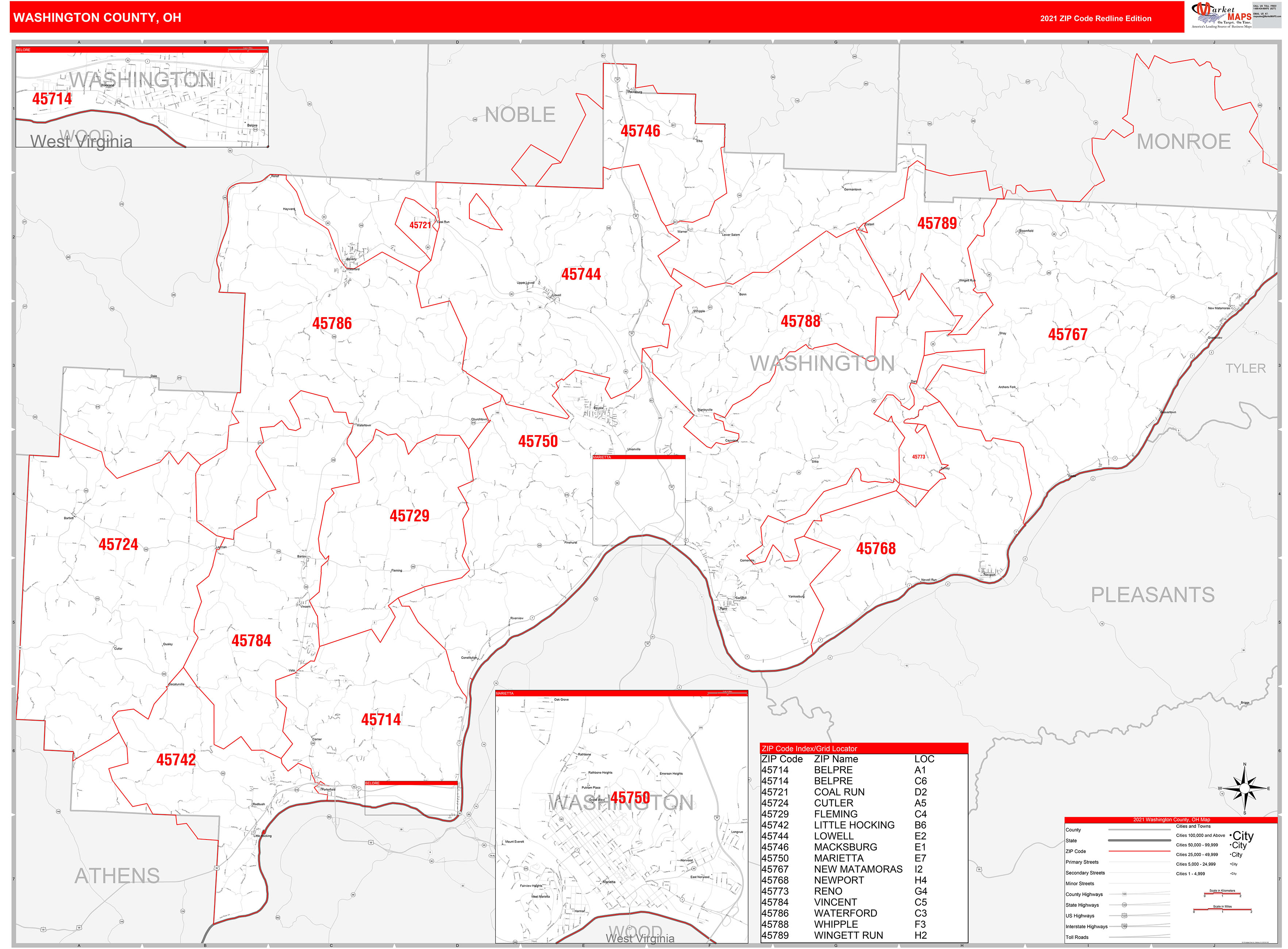 Washington County, OH Zip Code Wall Map Red Line Style by MarketMAPS