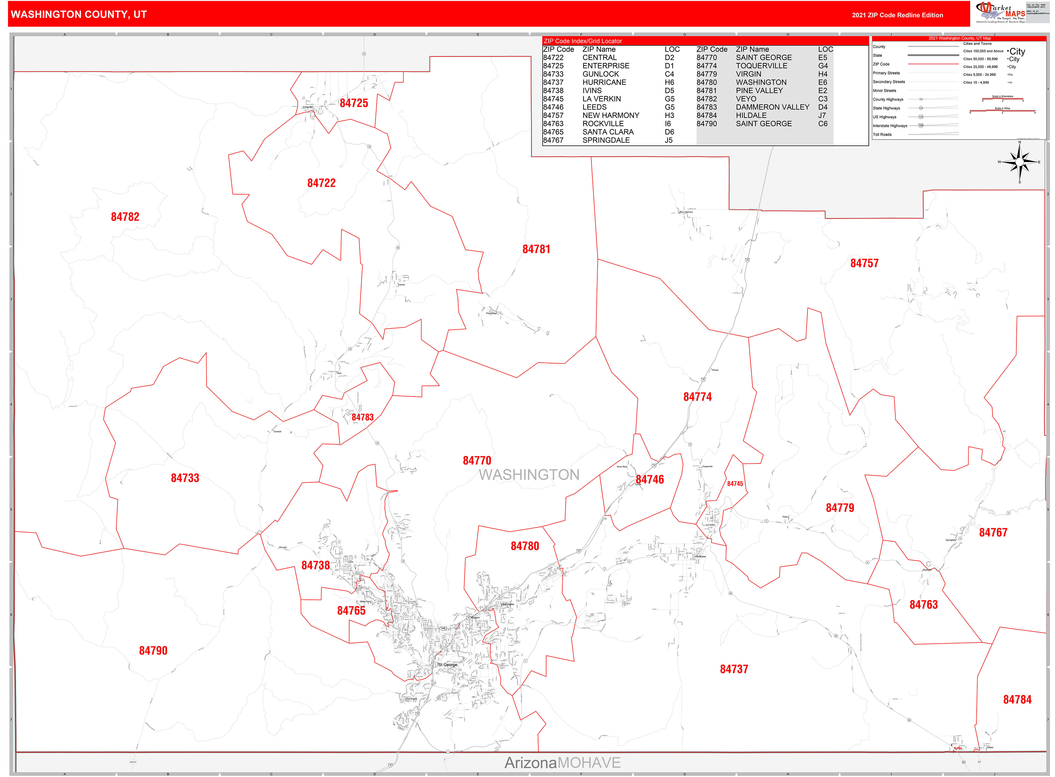 Washington County Ut Zip Code Wall Map Red Line Style By Marketmaps Mapsales 0249