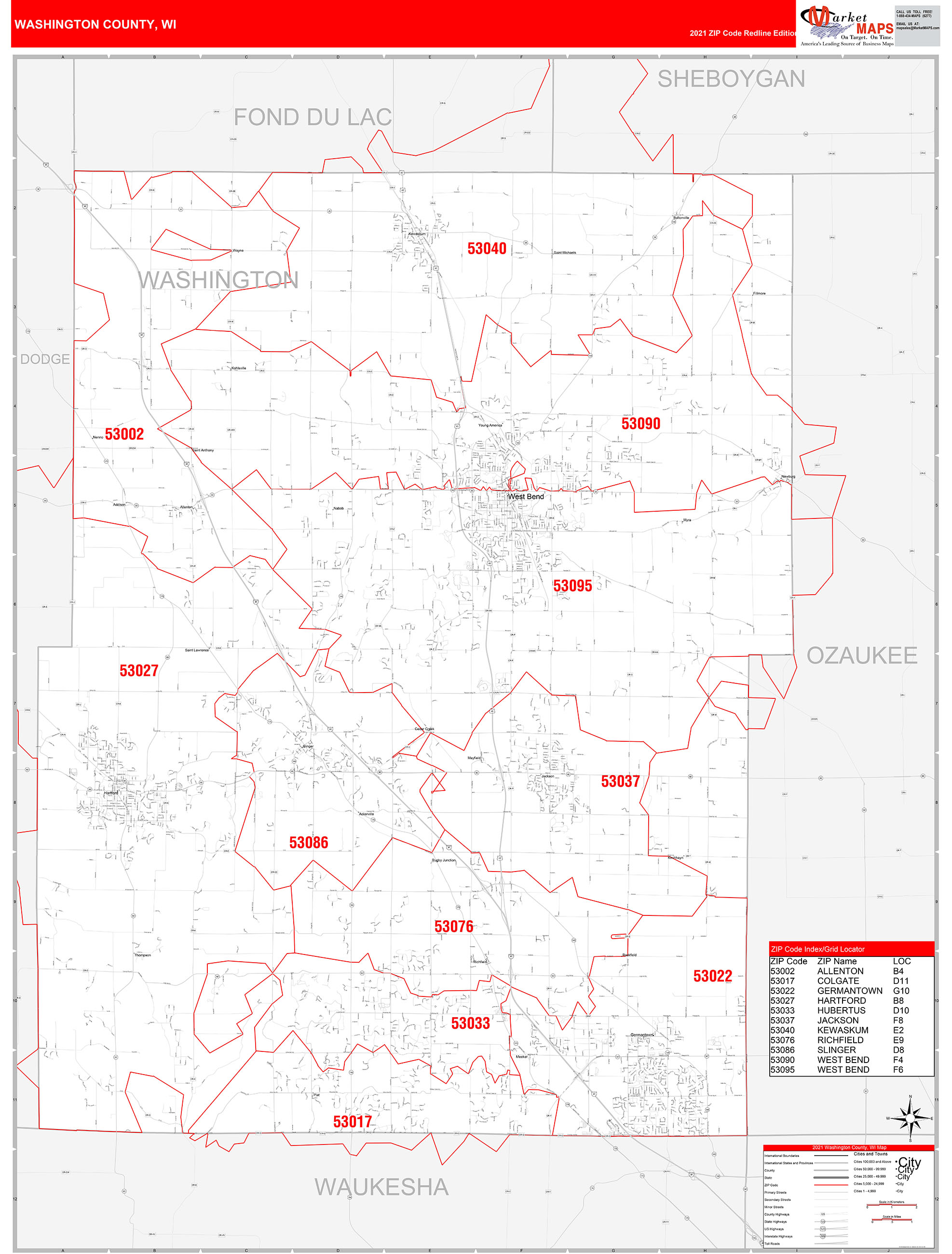 Washington County, WI Zip Code Wall Map Red Line Style by MarketMAPS