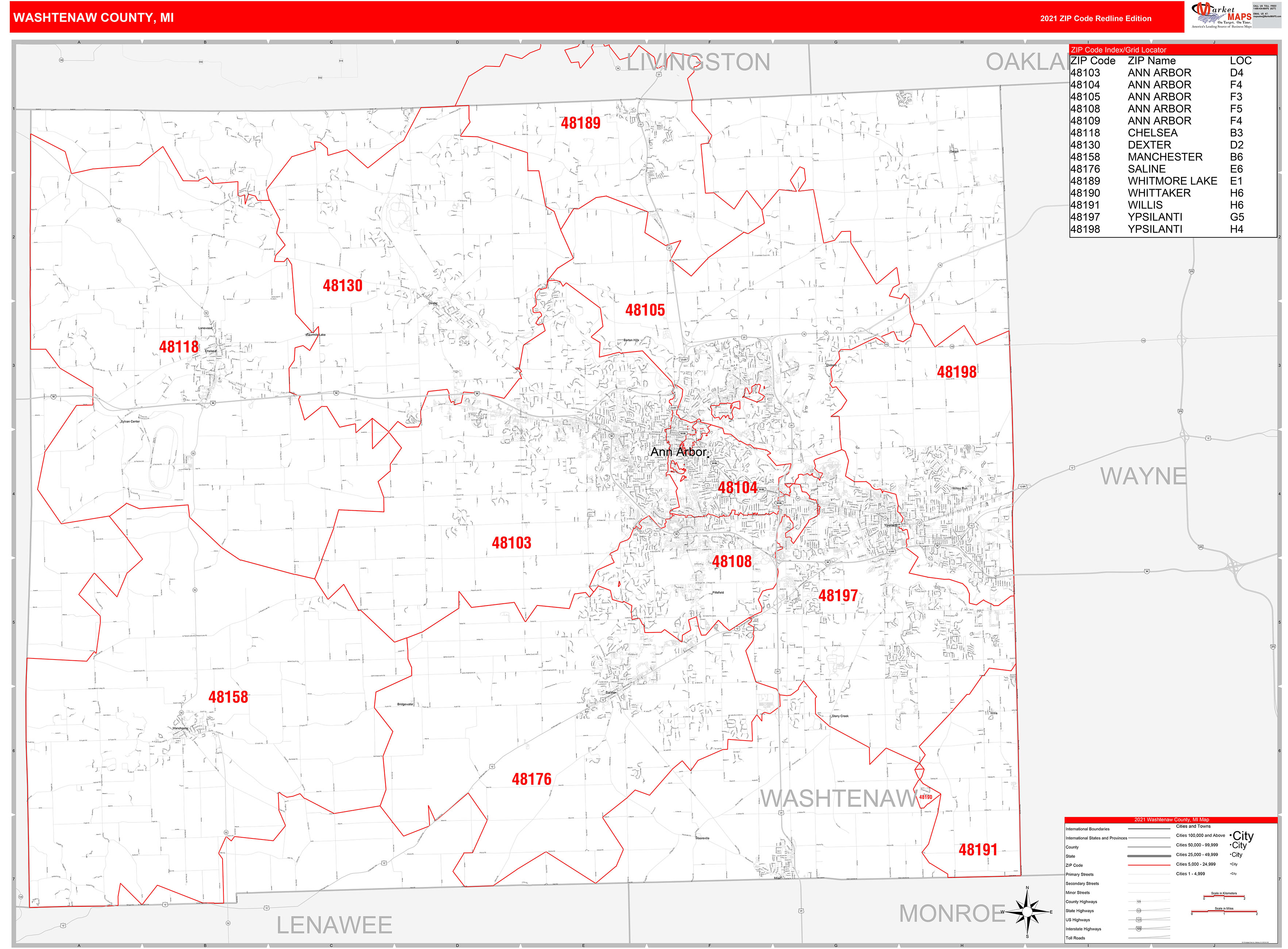 Washtenaw County, MI Zip Code Wall Map Red Line Style by MarketMAPS ...