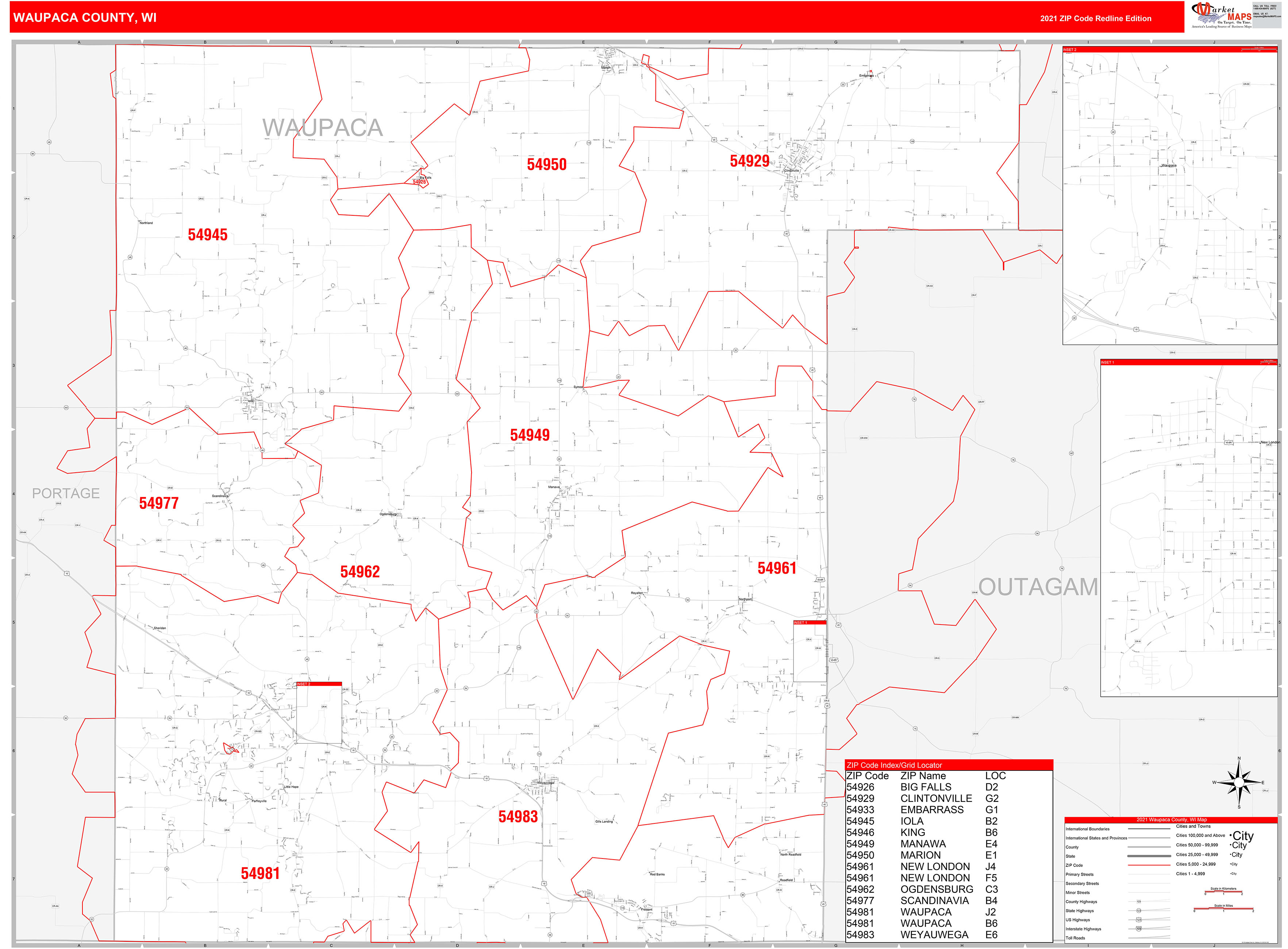 Waupaca County Wi Zip Code Wall Map Red Line Style By Marketmaps Mapsales 3801