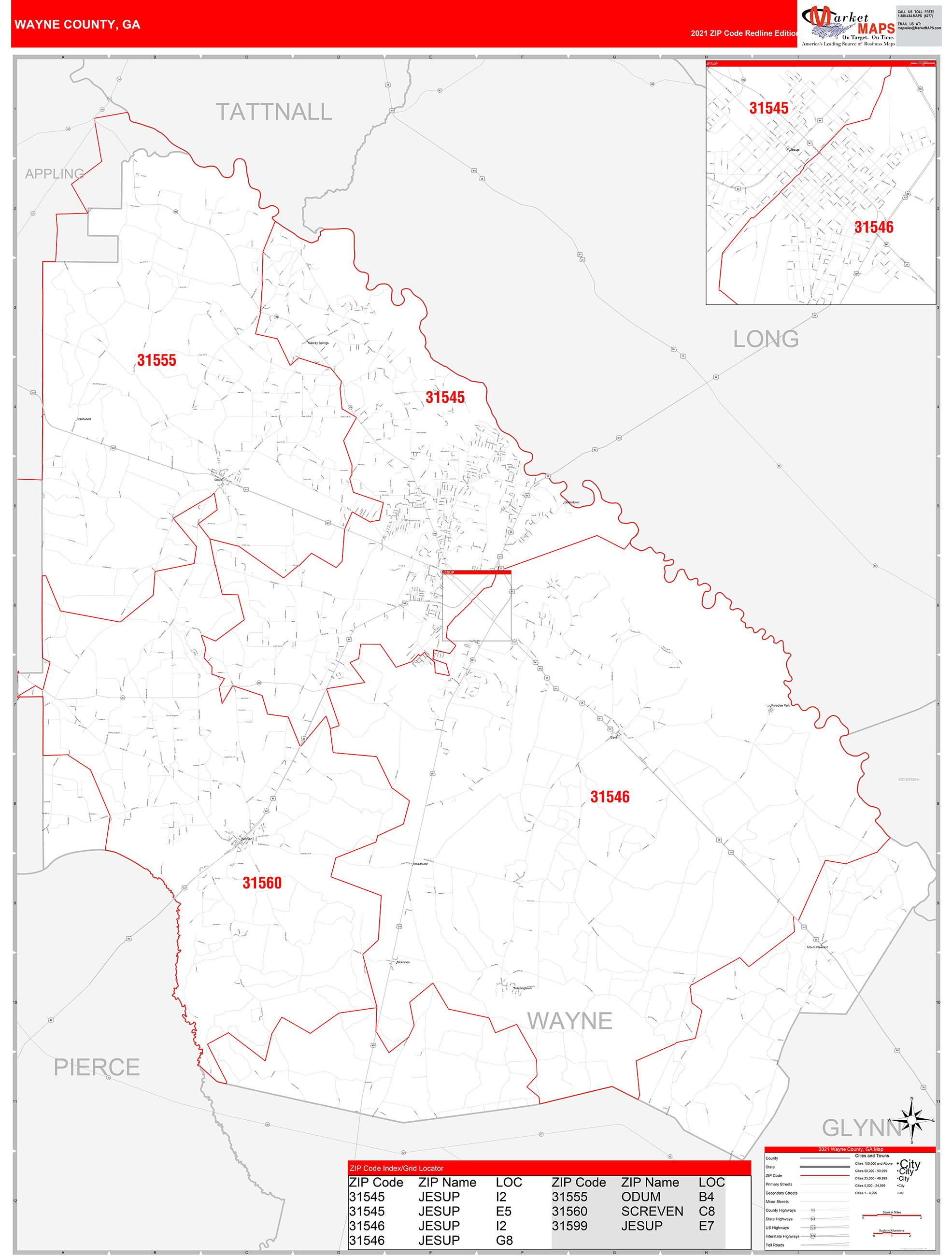 Wayne County, GA Zip Code Wall Map Red Line Style by MarketMAPS - MapSales