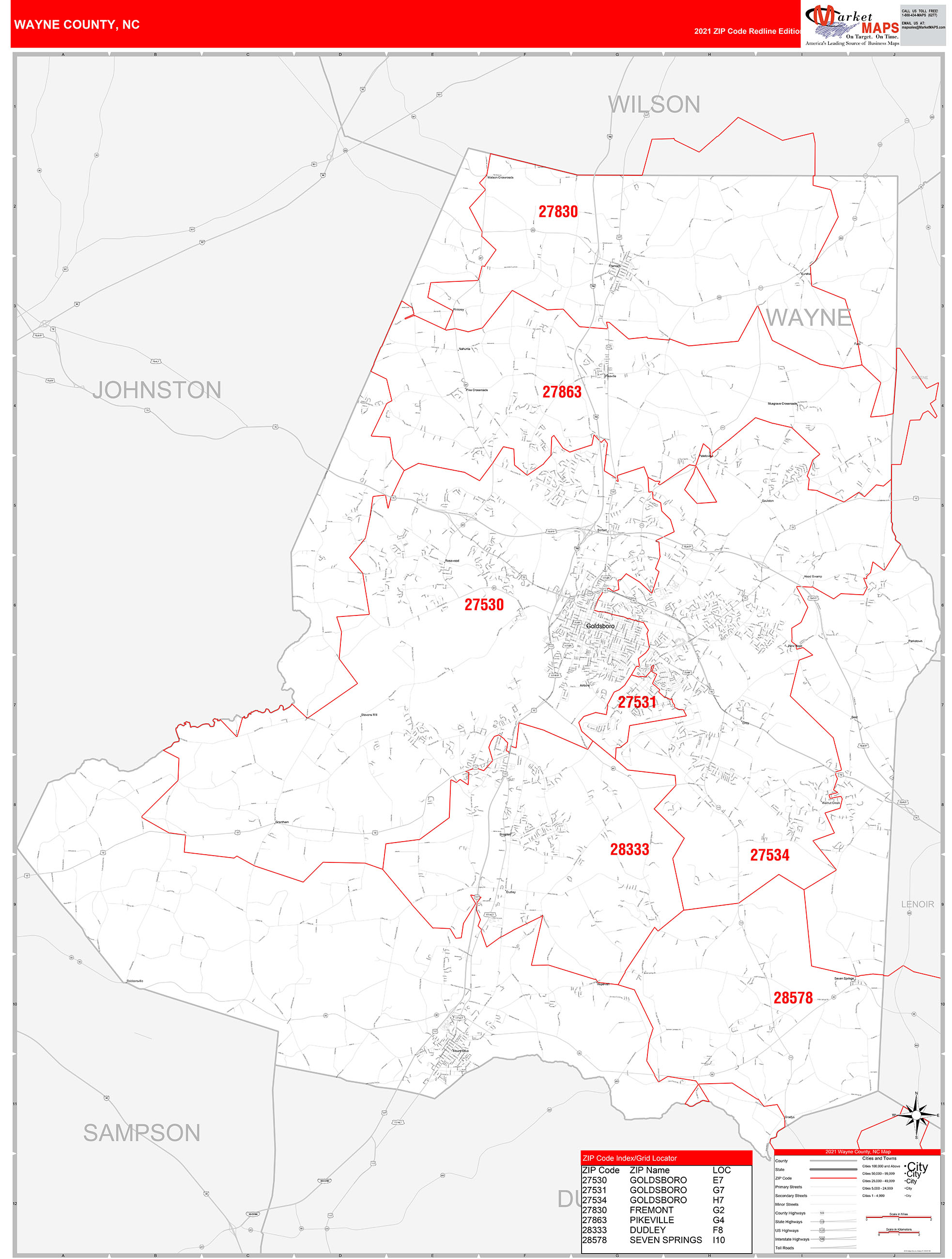 Wayne County, NC Zip Code Wall Map Red Line Style by MarketMAPS - MapSales