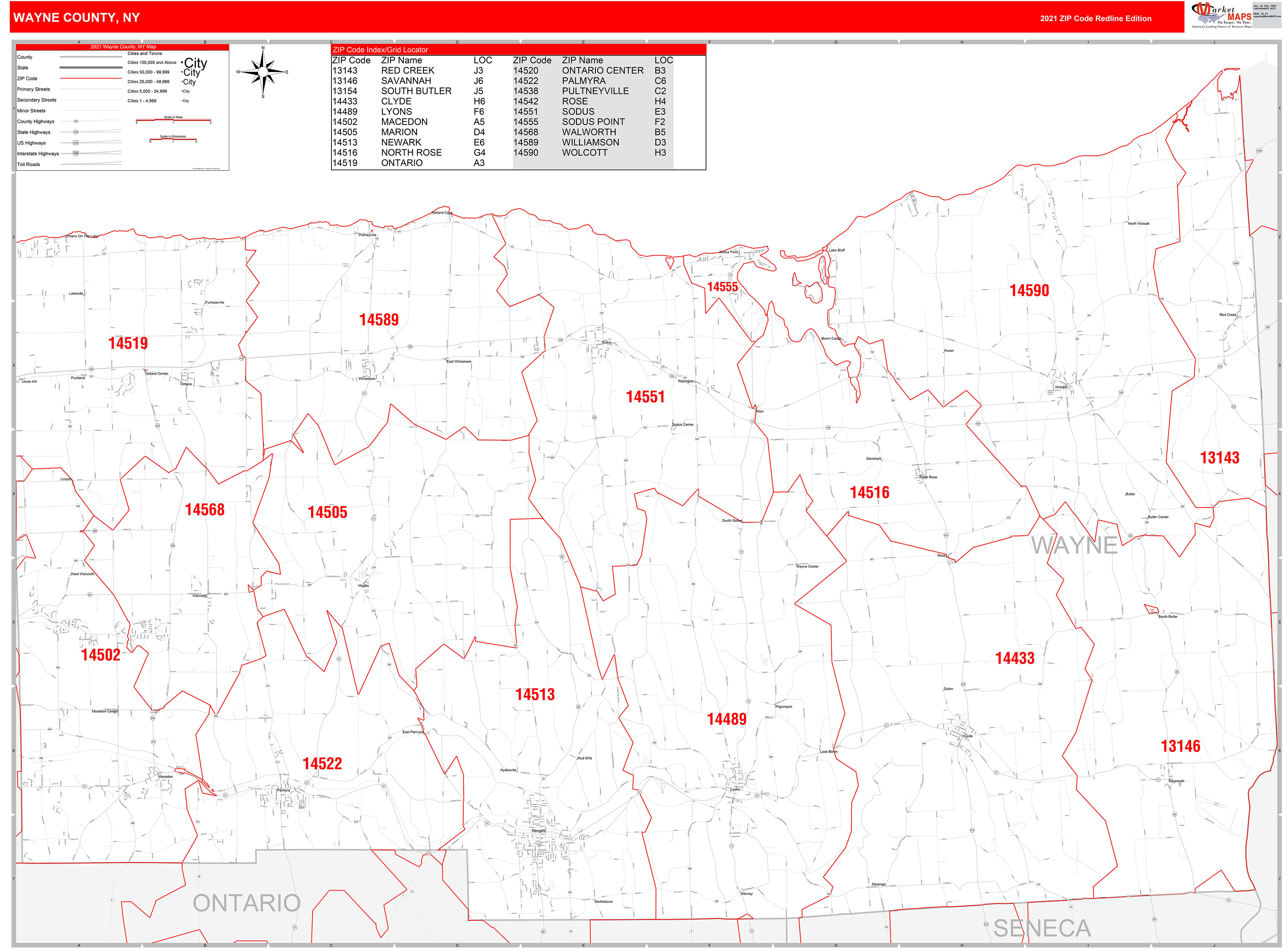 Wayne County NY Zip Code Wall Map Red Line Style by MarketMAPS MapSales