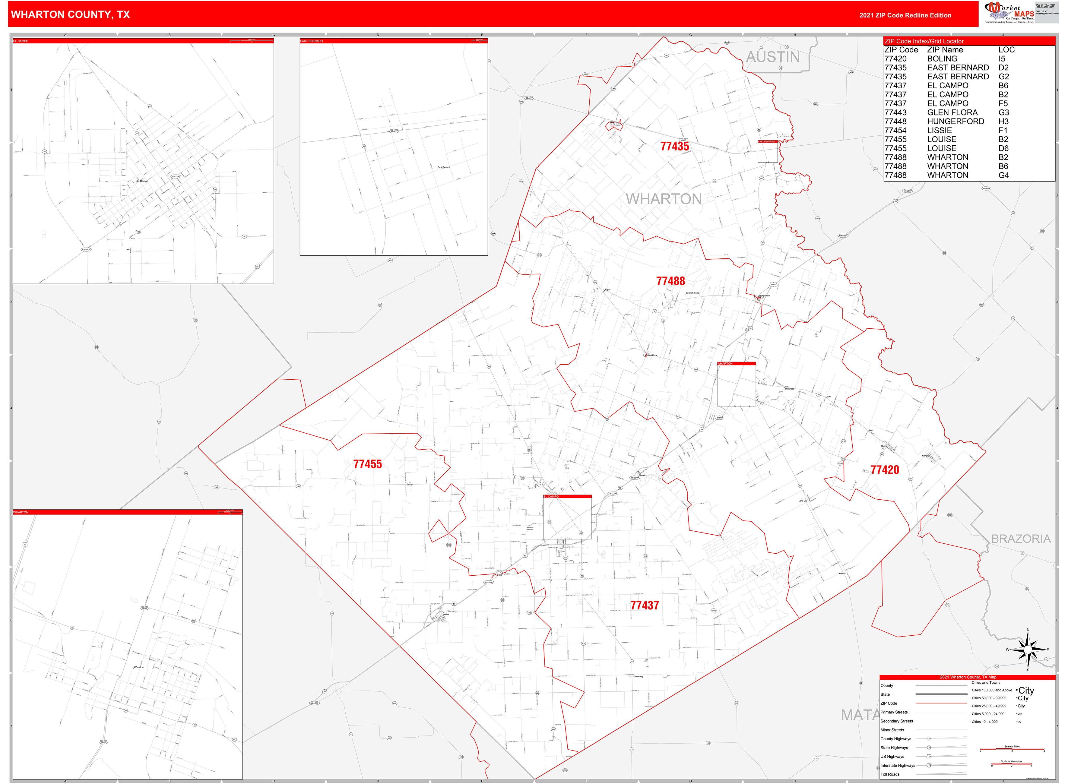 Wharton County, TX Zip Code Wall Map Red Line Style by MarketMAPS