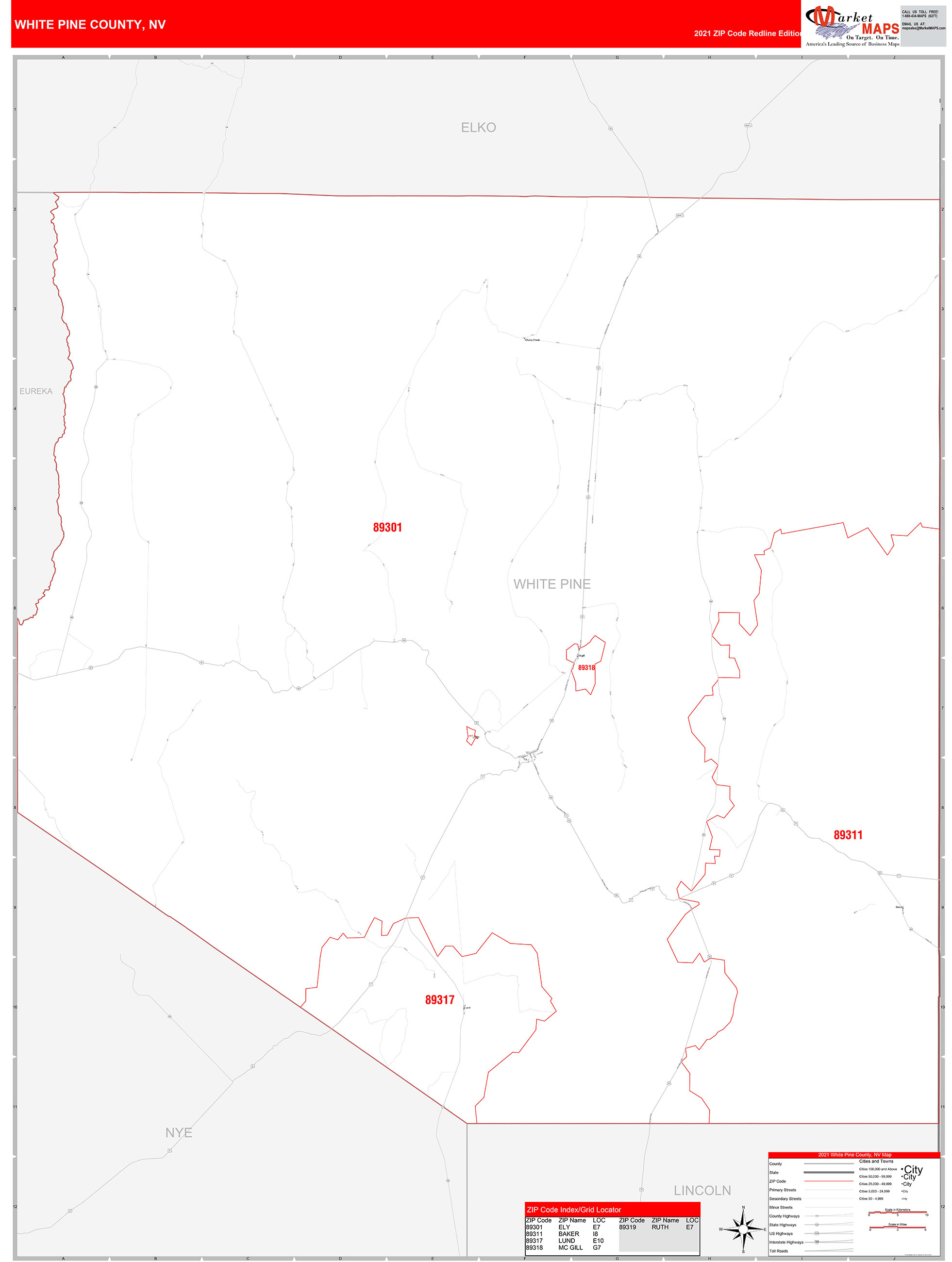 White Pine County Nv Zip Code Wall Map Red Line Style By Marketmaps ...