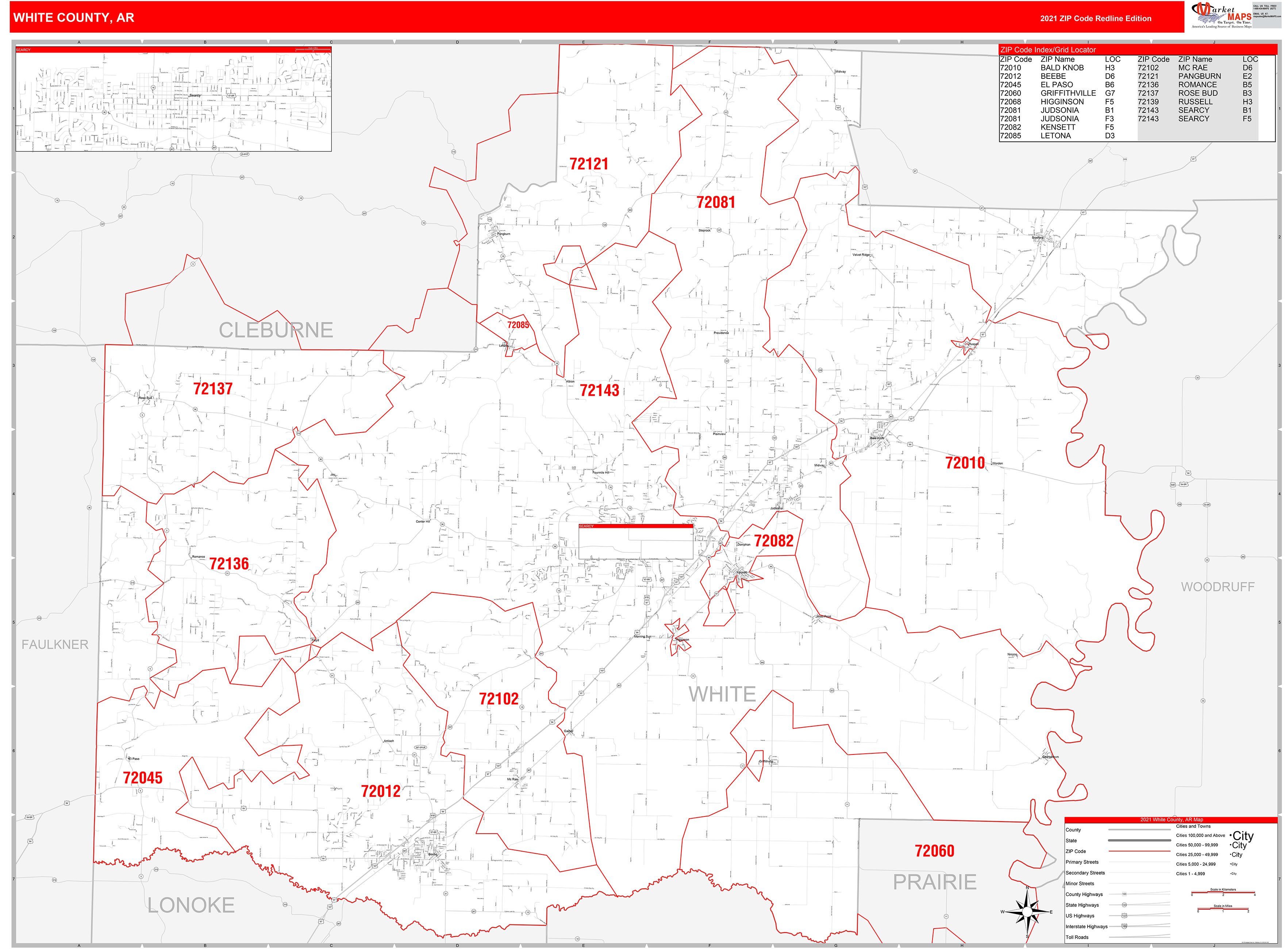 White County, AR Zip Code Wall Map Red Line Style by MarketMAPS - MapSales