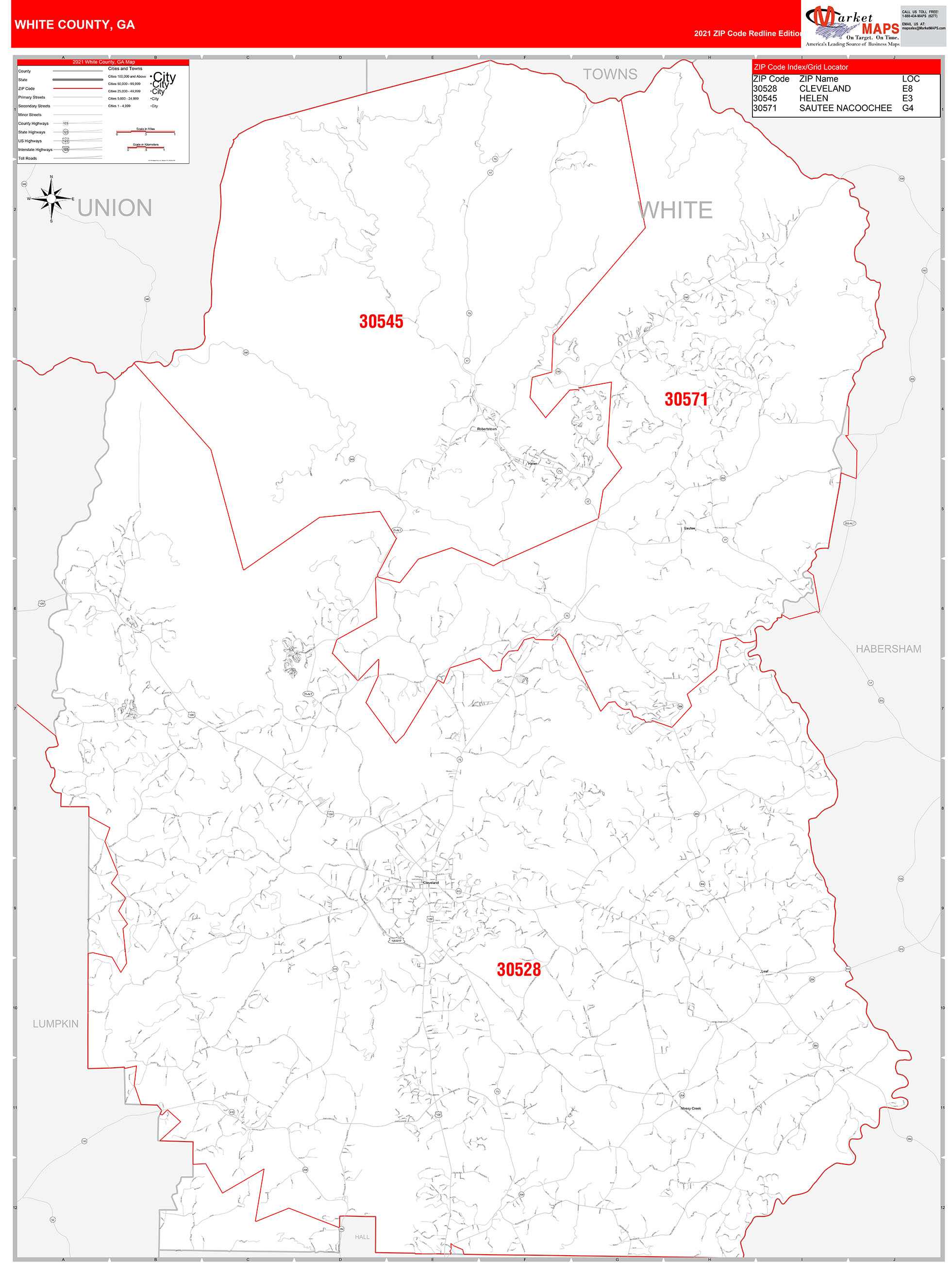 White County, GA Zip Code Wall Map Red Line Style by MarketMAPS