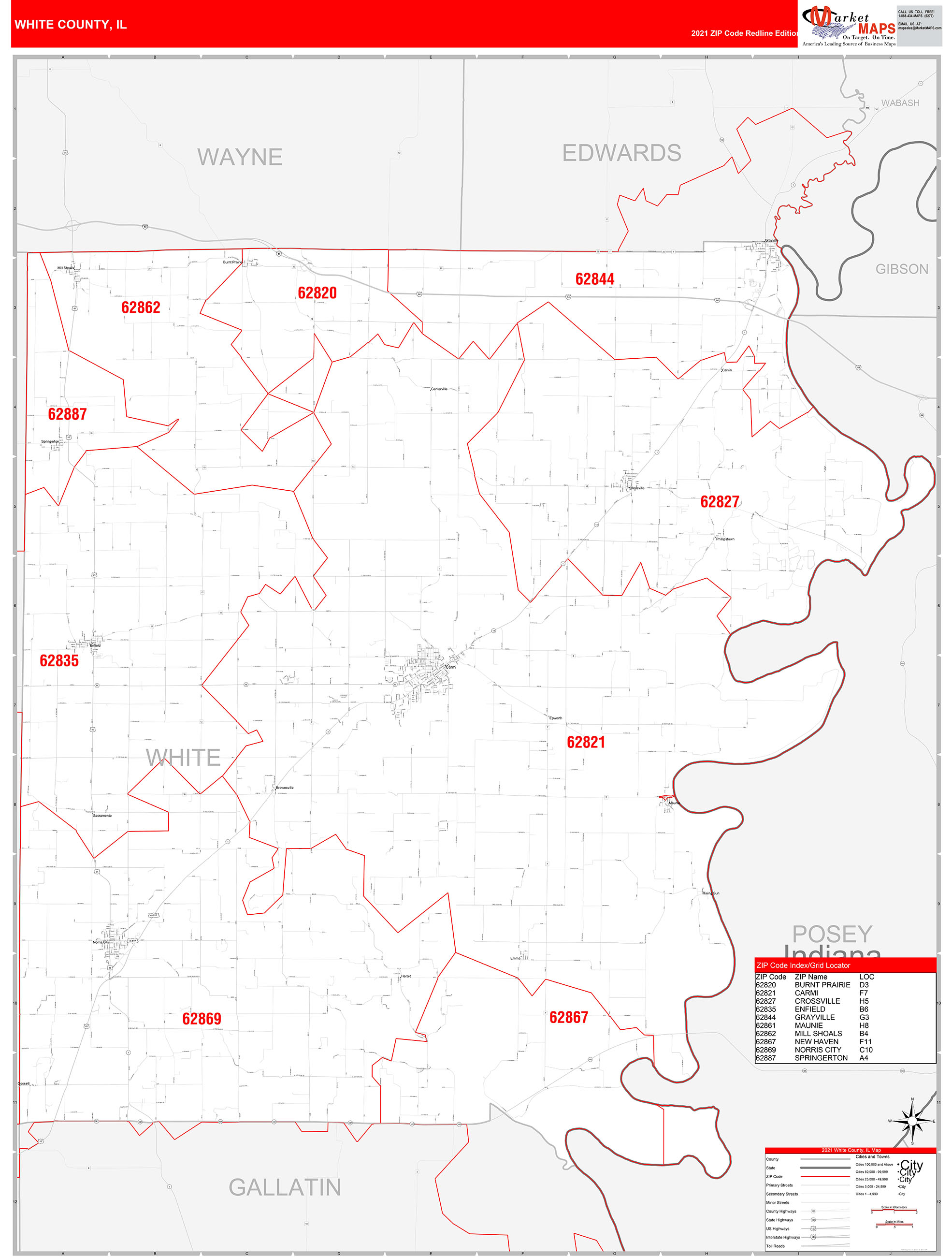 White County, IL Zip Code Wall Map Red Line Style by MarketMAPS - MapSales