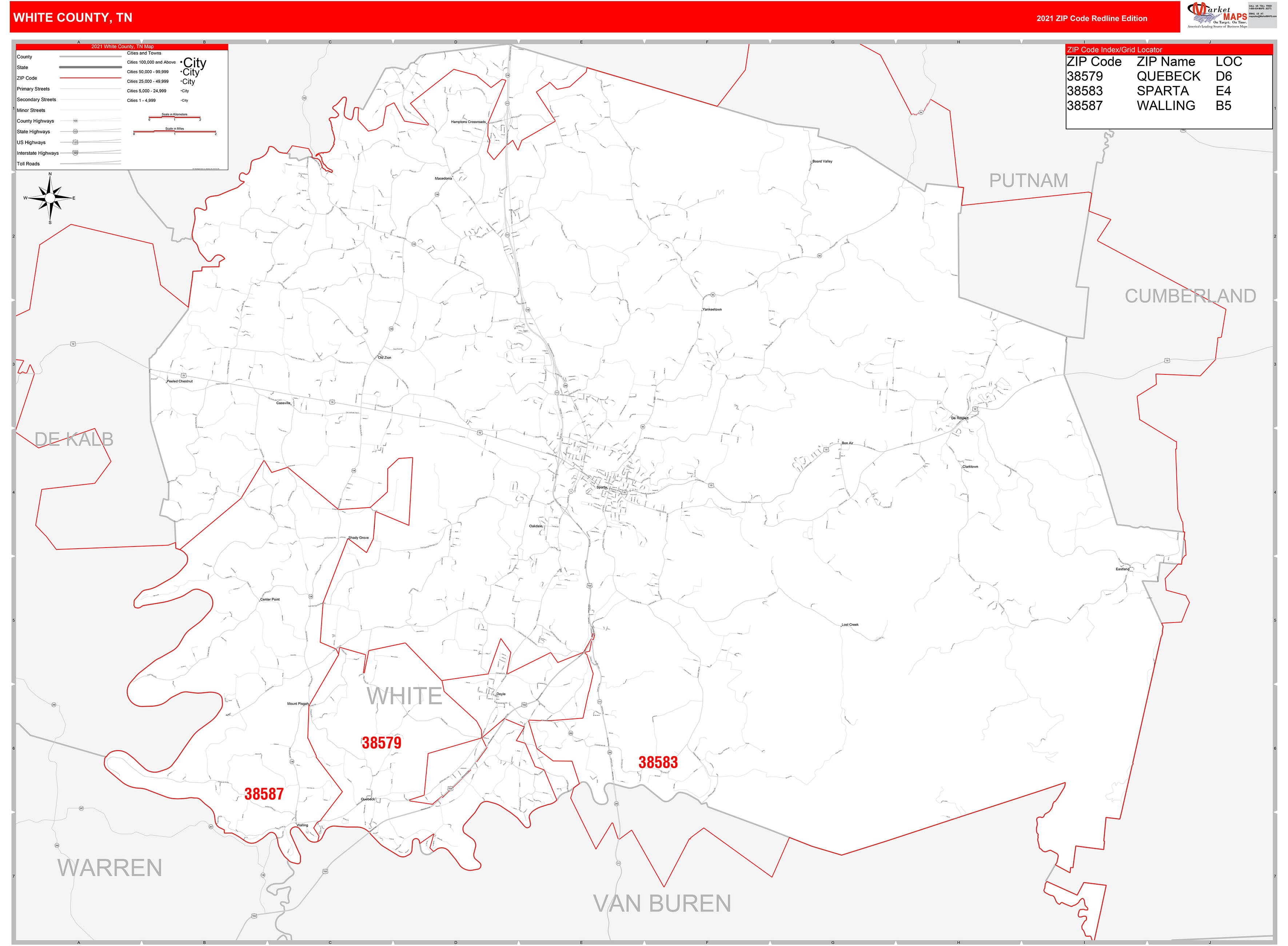 White County, TN Zip Code Wall Map Red Line Style by MarketMAPS - MapSales