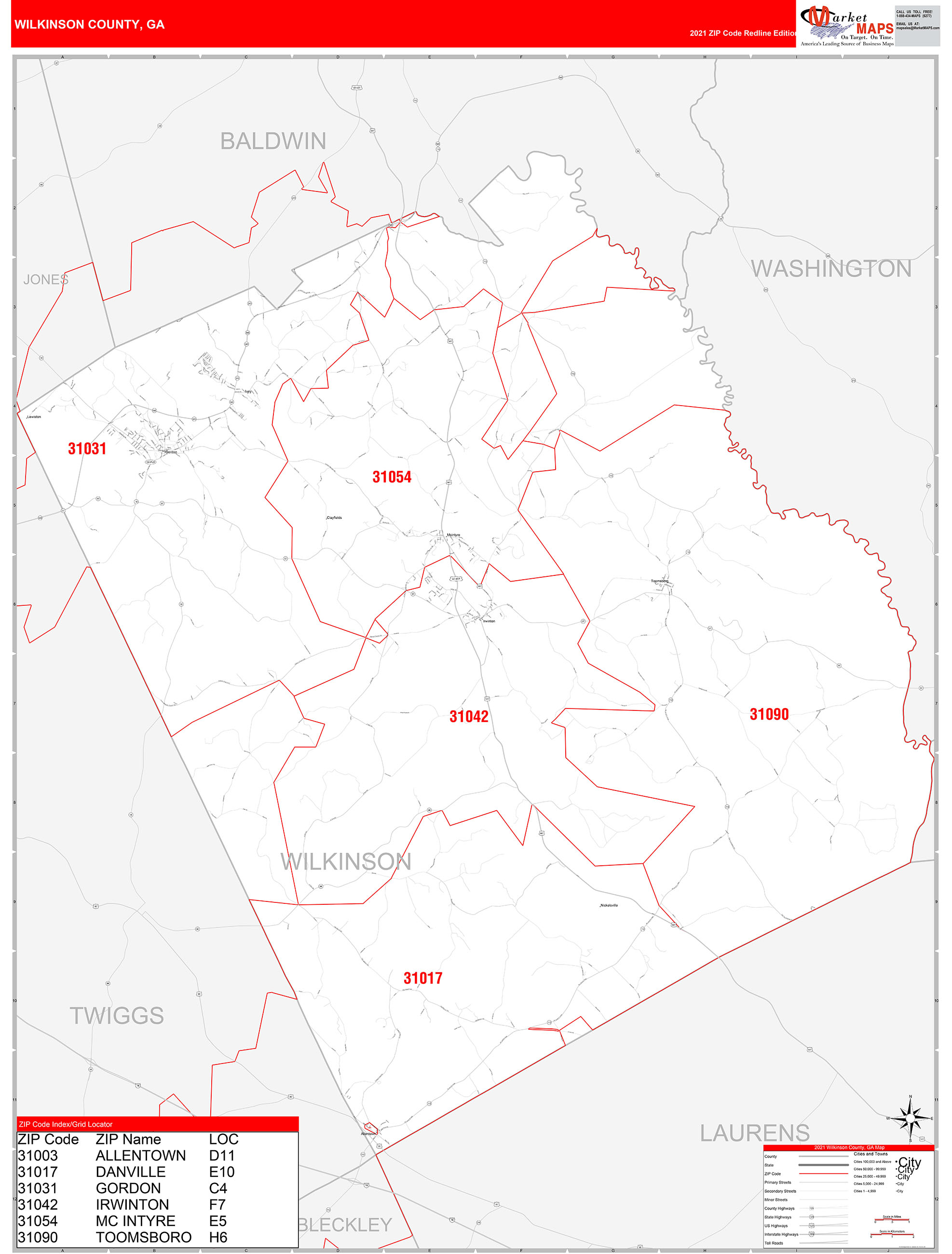 Wilkinson County, GA Zip Code Wall Map Red Line Style by MarketMAPS ...