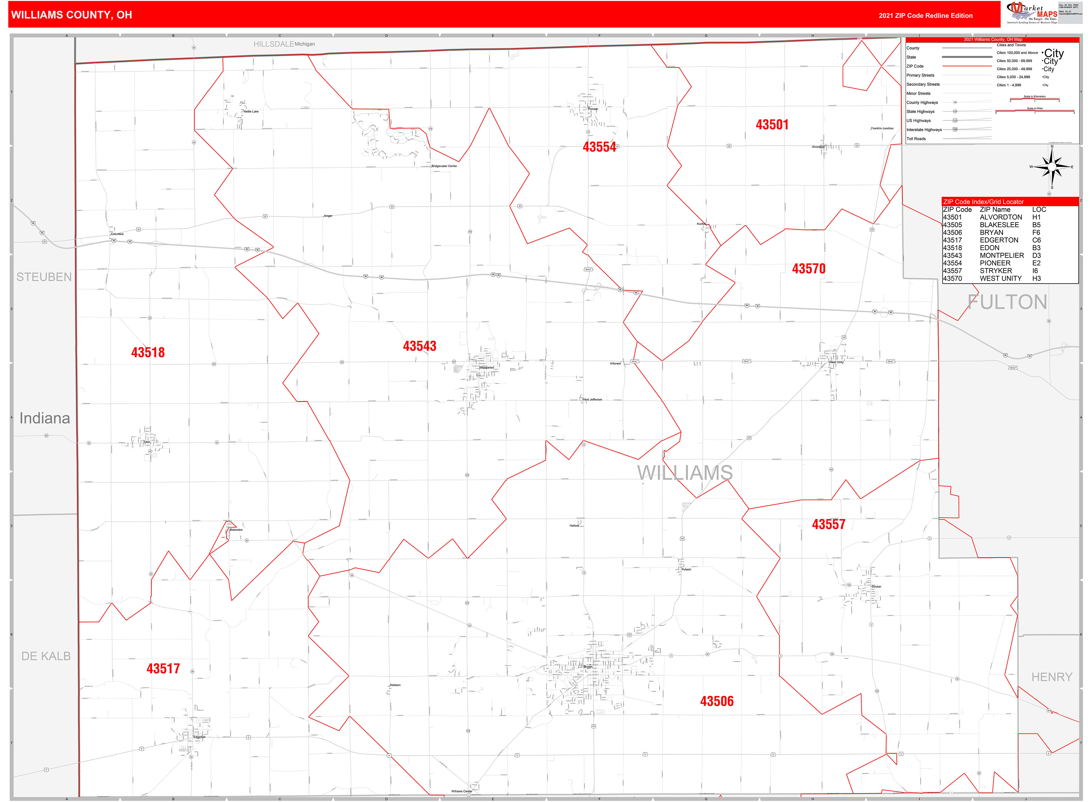 Williams County, OH Zip Code Wall Map Red Line Style by MarketMAPS