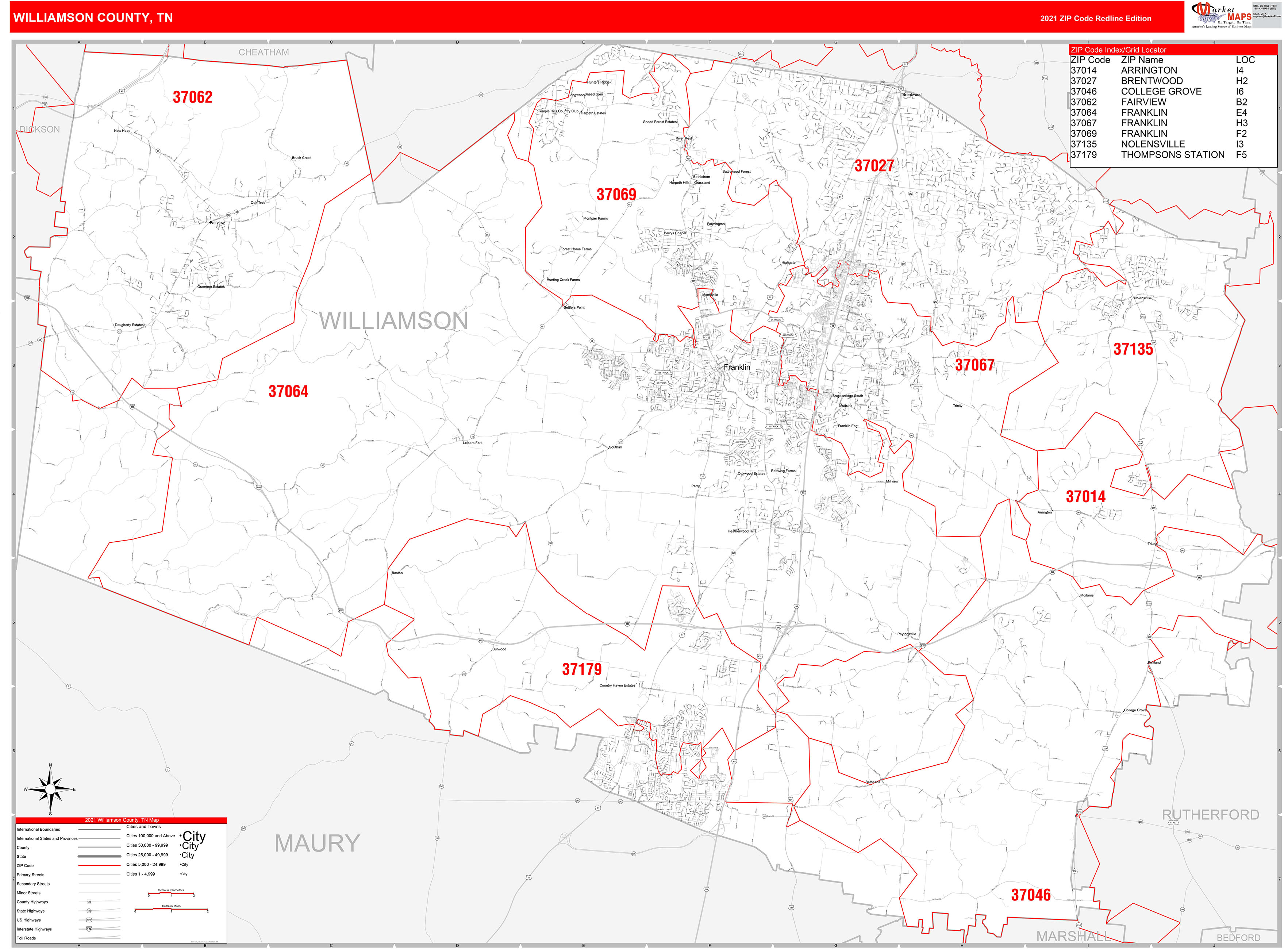 Williamson County Tn Zip Code Wall Map Red Line Style By Marketmaps Mapsales 8758